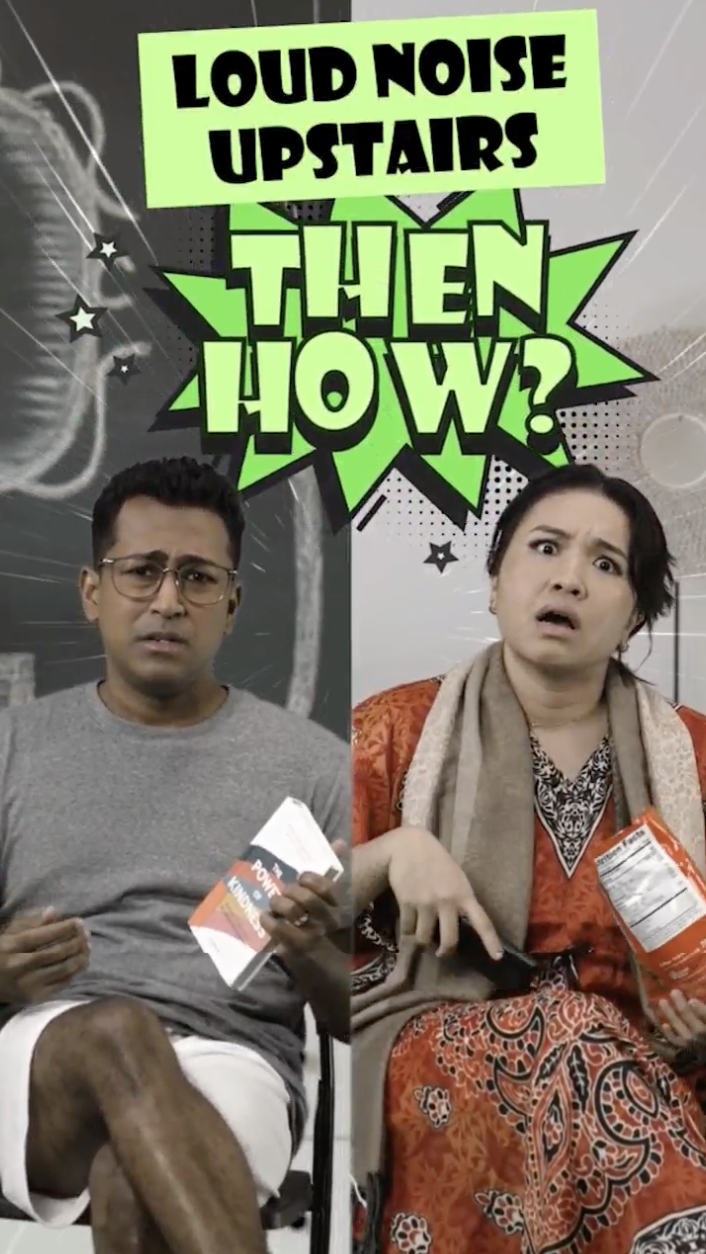 Split screen shows man with book, woman with snack looking up, "Loud Noise Upstairs THEN HOW?" text.