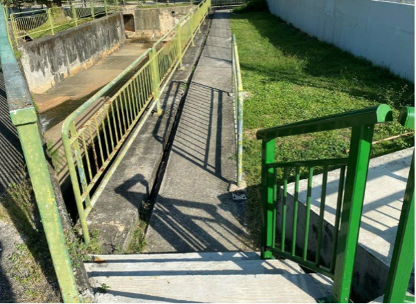 Concrete path with green railings along a shallow water channel, and steps descending.
