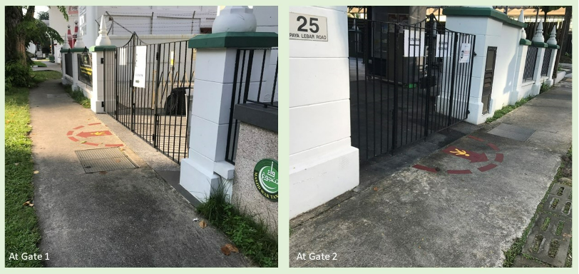 Two images of entrances with painted directional arrows on pavement, "25 PAYA LEBAR ROAD" visible.