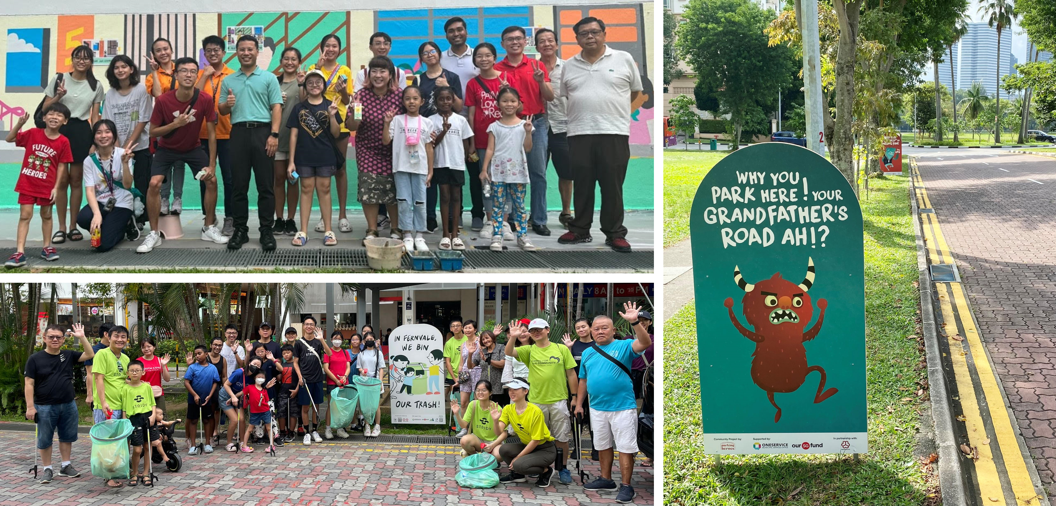 Community volunteers posing for group photos and anti-illegal parking sign along roadside.