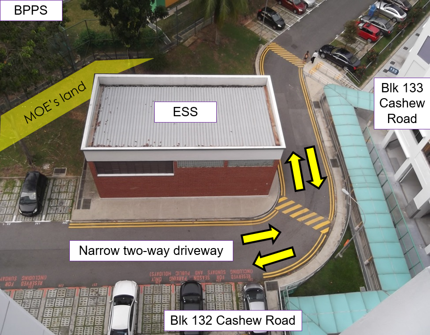 Aerial view of "ESS" building between "Blk 132 Cashew Road" & "Blk 133 Cashew Road" with yellow arrows on a two-way driveway.