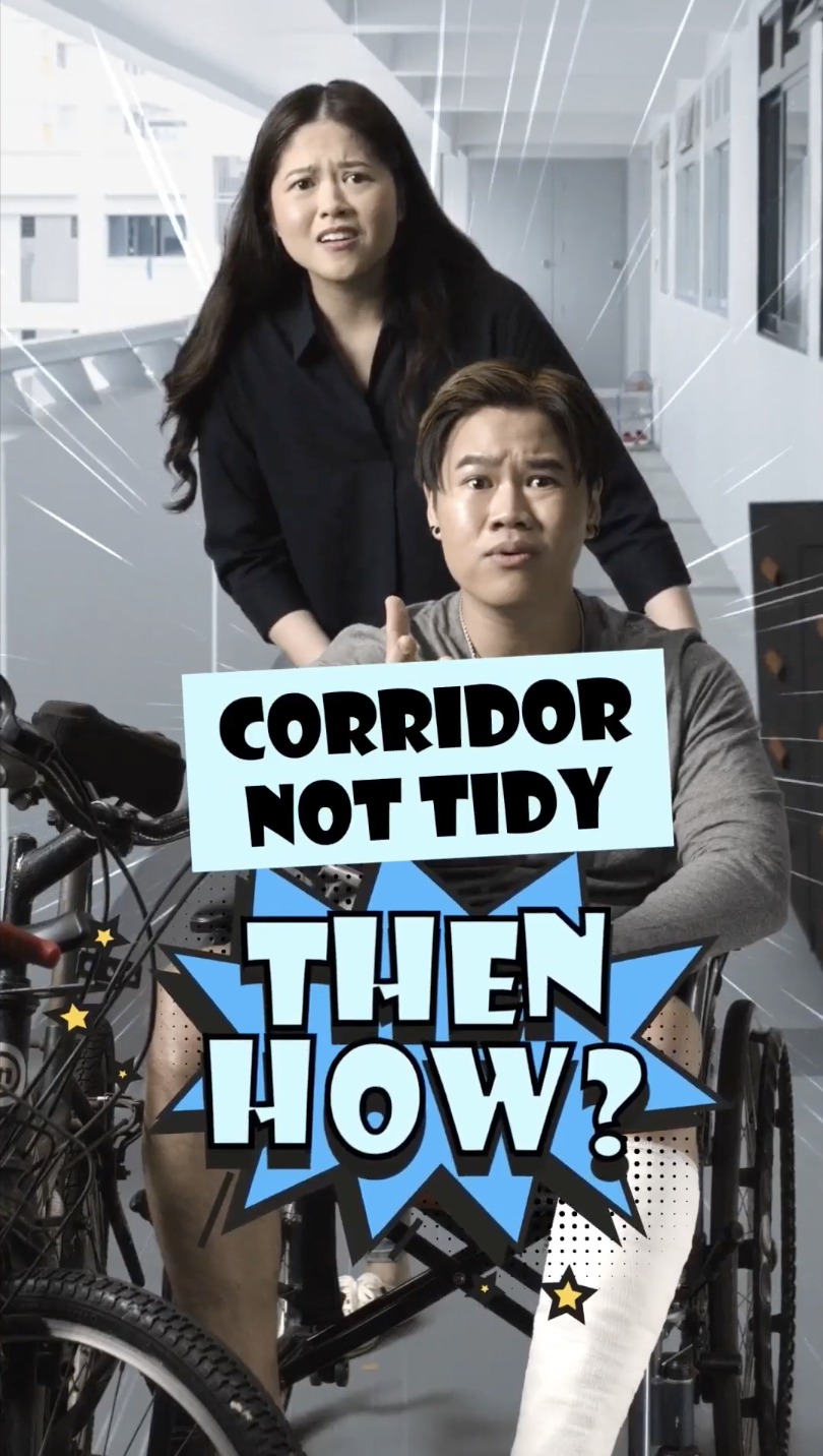 Person in wheelchair with cast; text overlay "CORRIDOR NOT TIDY THEN HOW?"; woman stands behind.