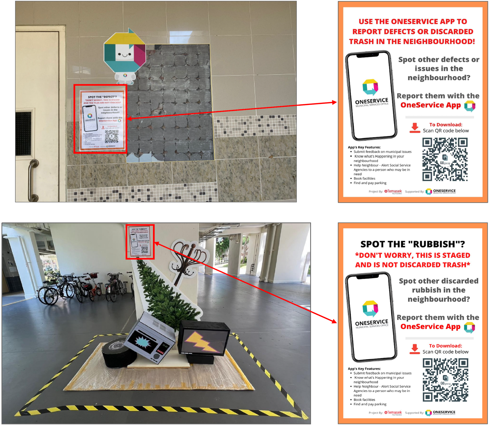 Posters in HDB void deck encourage reporting defects and rubbish via OneService App.