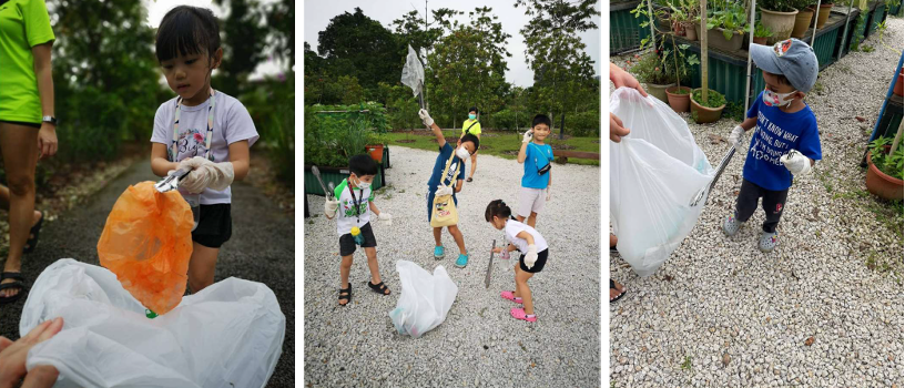 Children picking up trash with grabber tools, wearing gloves and masks in outdoor settings.