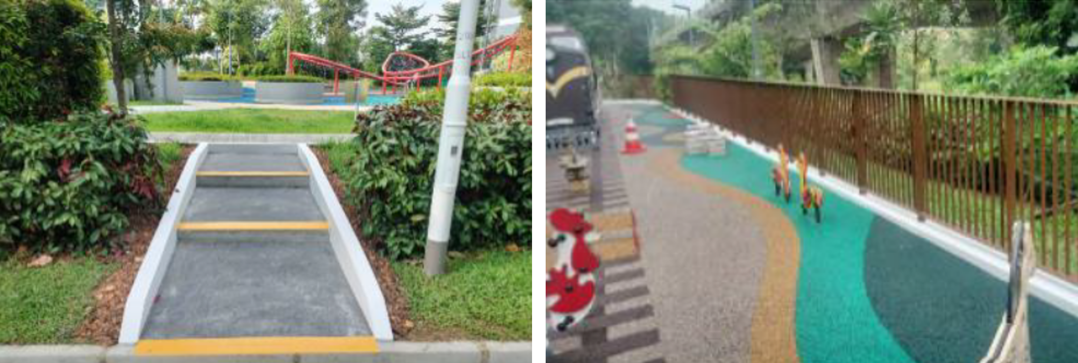 Two-panel view of a children's playground with colorful play structures.
