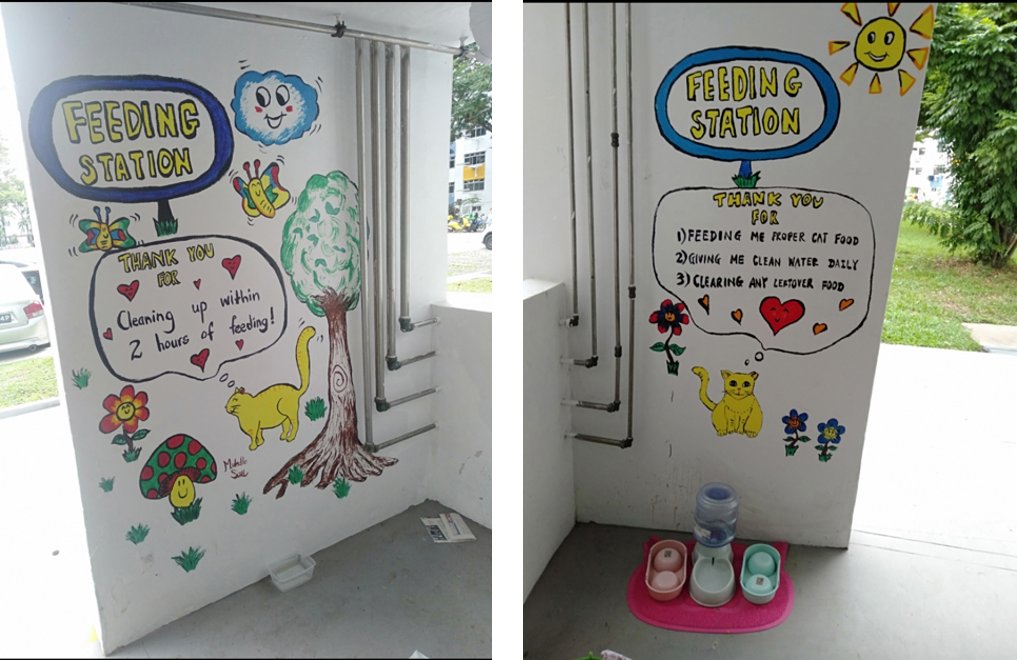 Diptych of a "Feeding Station" mural with a cartoon cat, a water dispenser, and food bowls.