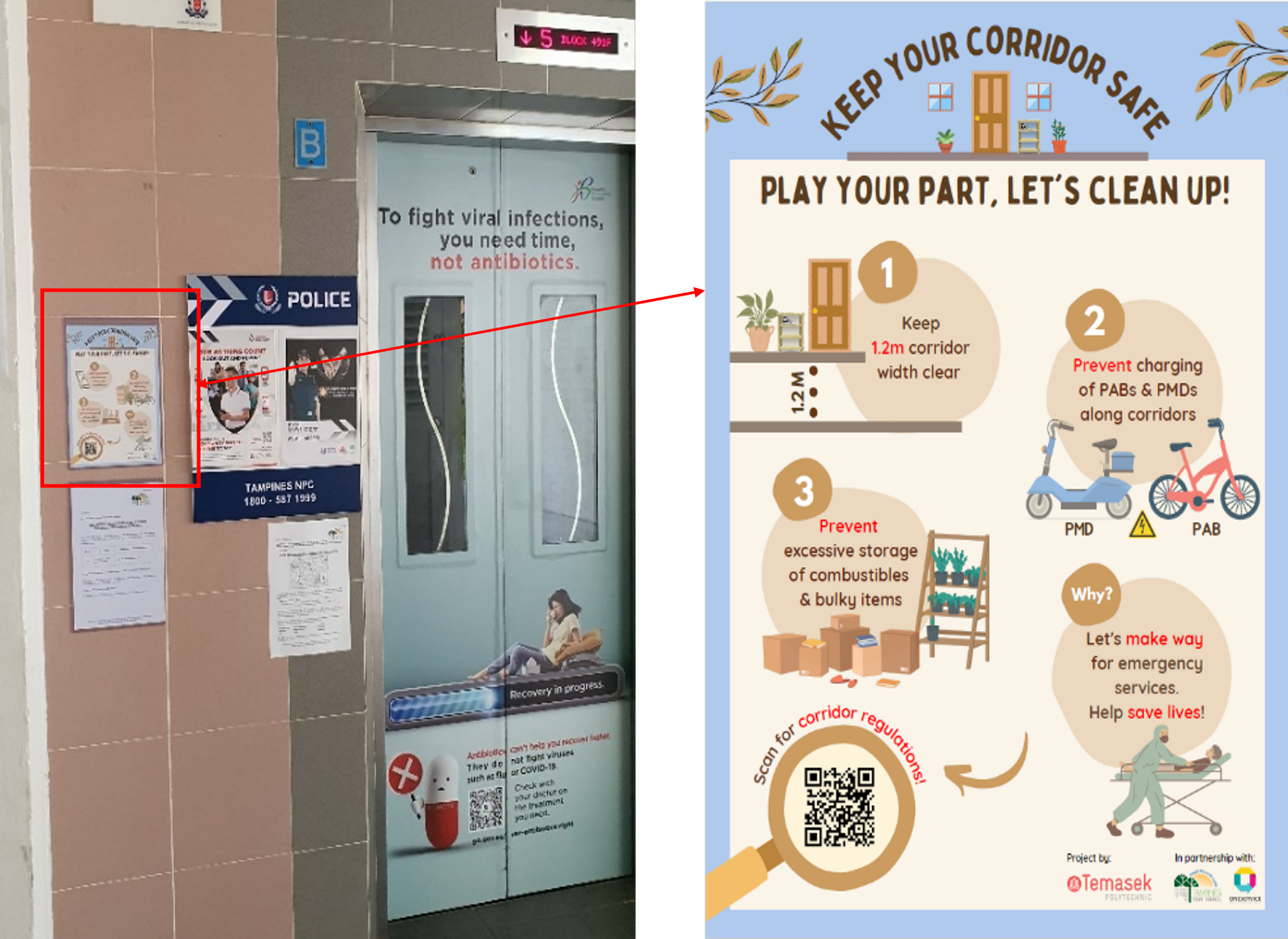 HDB lift lobby with circular floor decal promoting corridor safety guidelines.