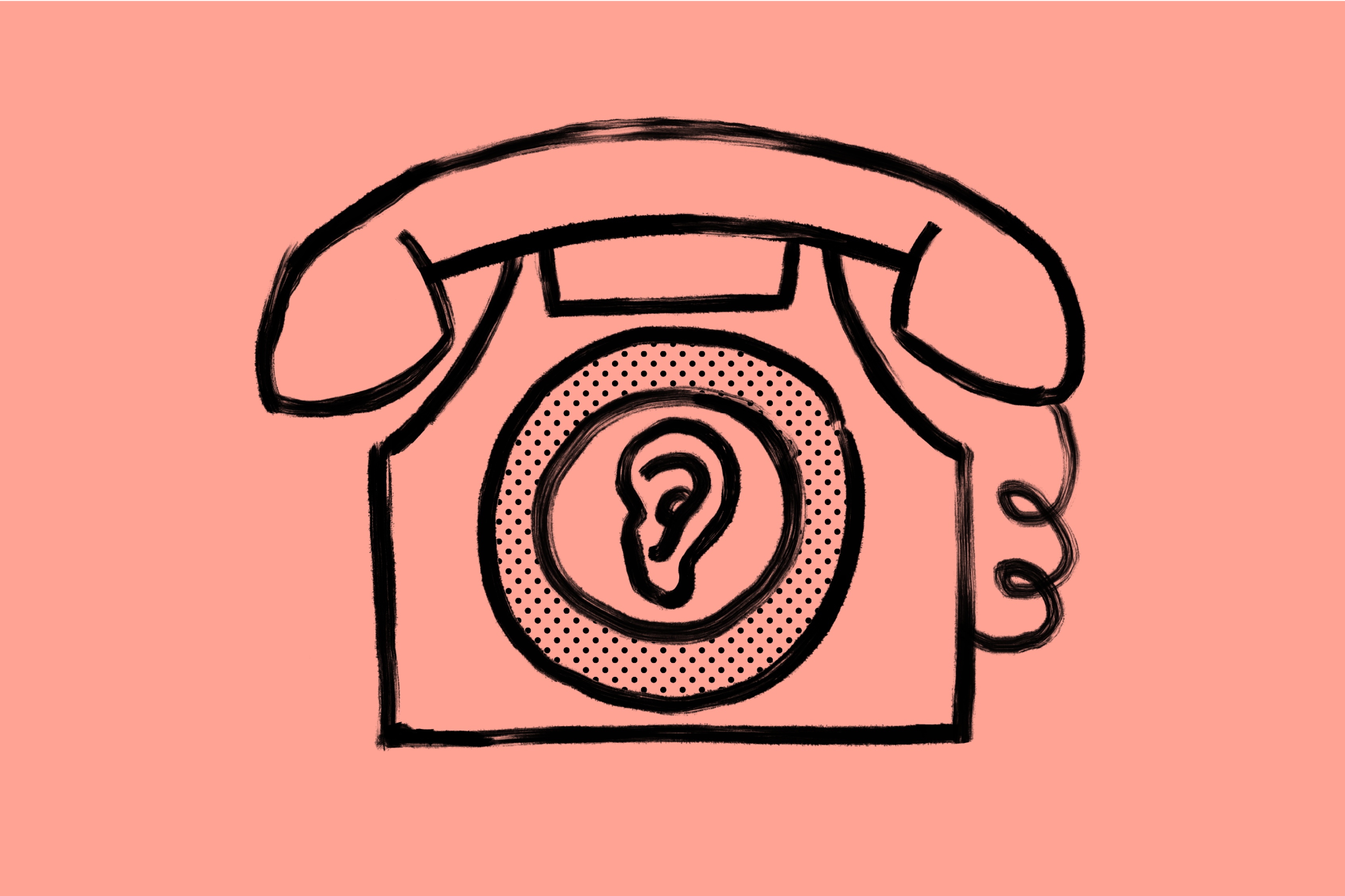 Black outline sketch of a retro telephone with an ear drawn where the rotary dial would be, on a pink background.