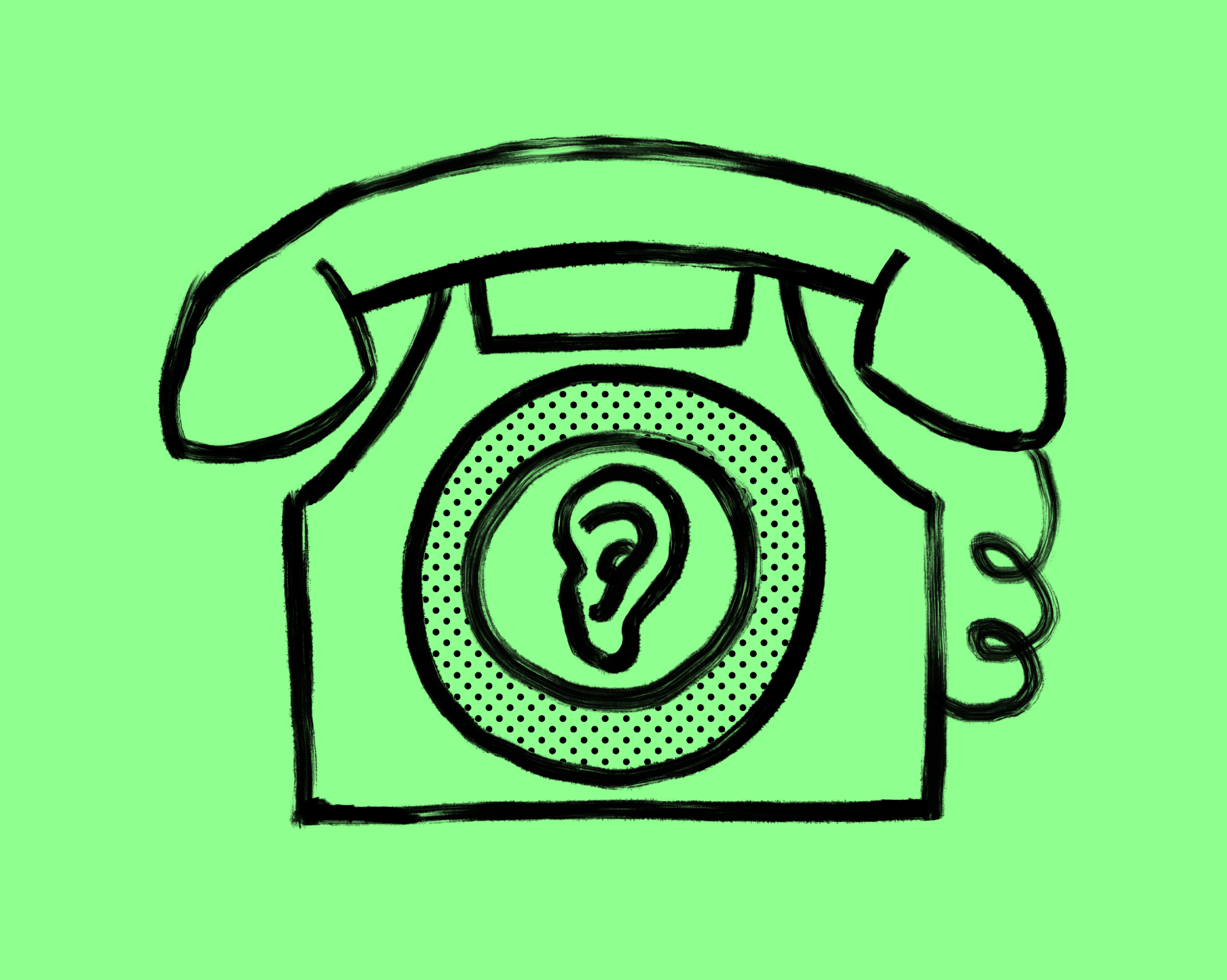 Black outline sketch of a rotary telephone with an ear drawn in the center dial, on a green background.