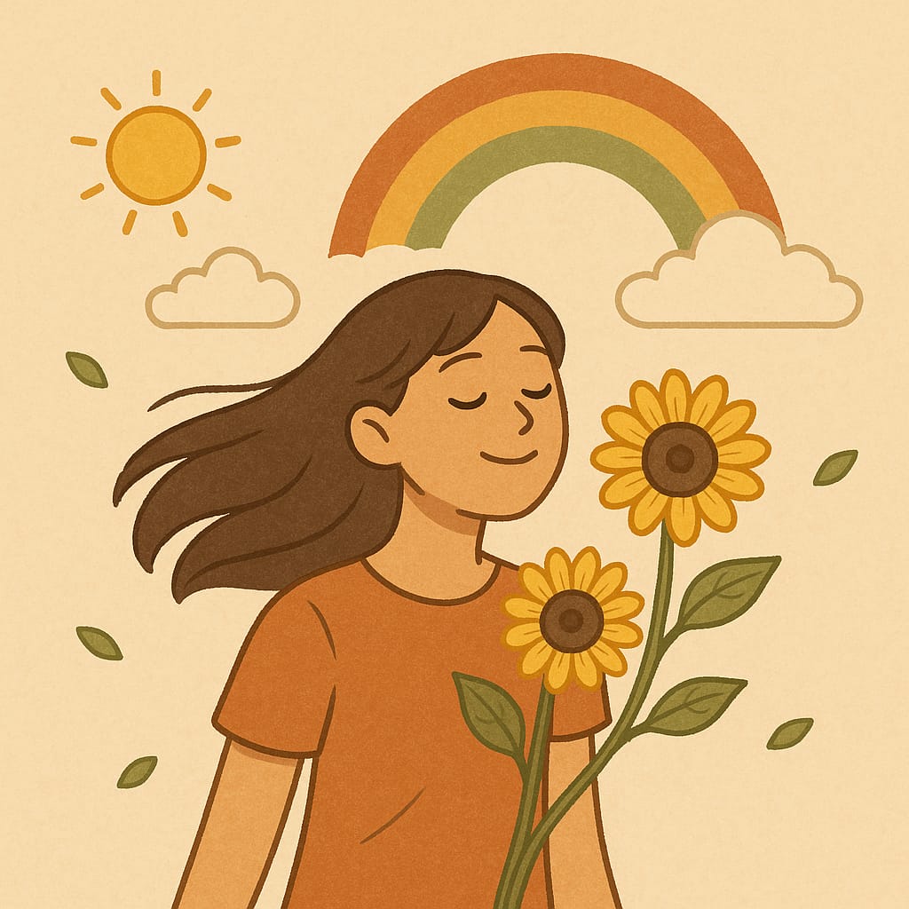 Illustrated girl with flowing hair holding sunflowers, smiling with eyes closed under a rainbow and sun.