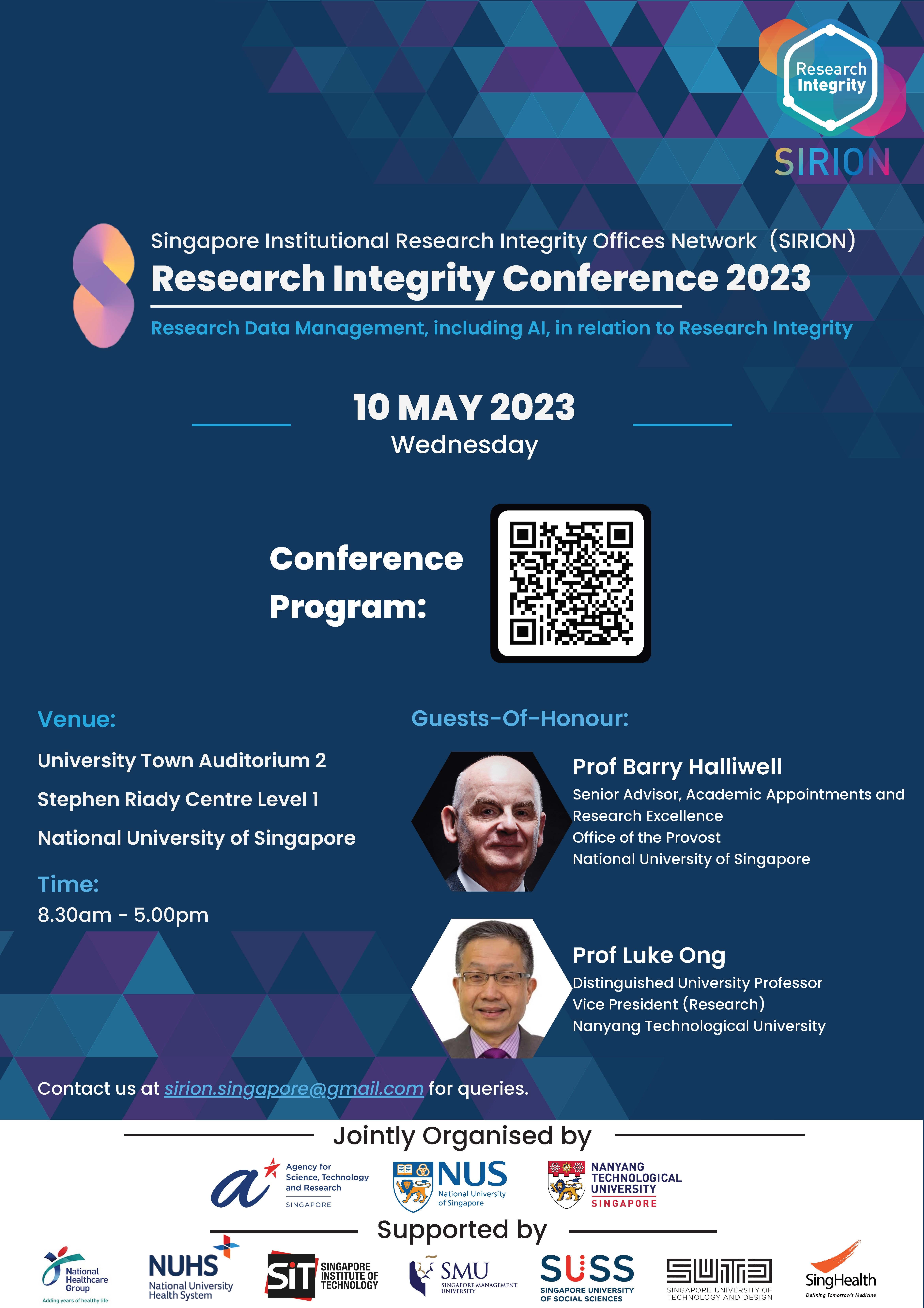 Research Integrity Conference 2023 poster by SIRION. Event on May 10, 2023, at NUS. Features guests of honour, QR code, and sponsor logos.