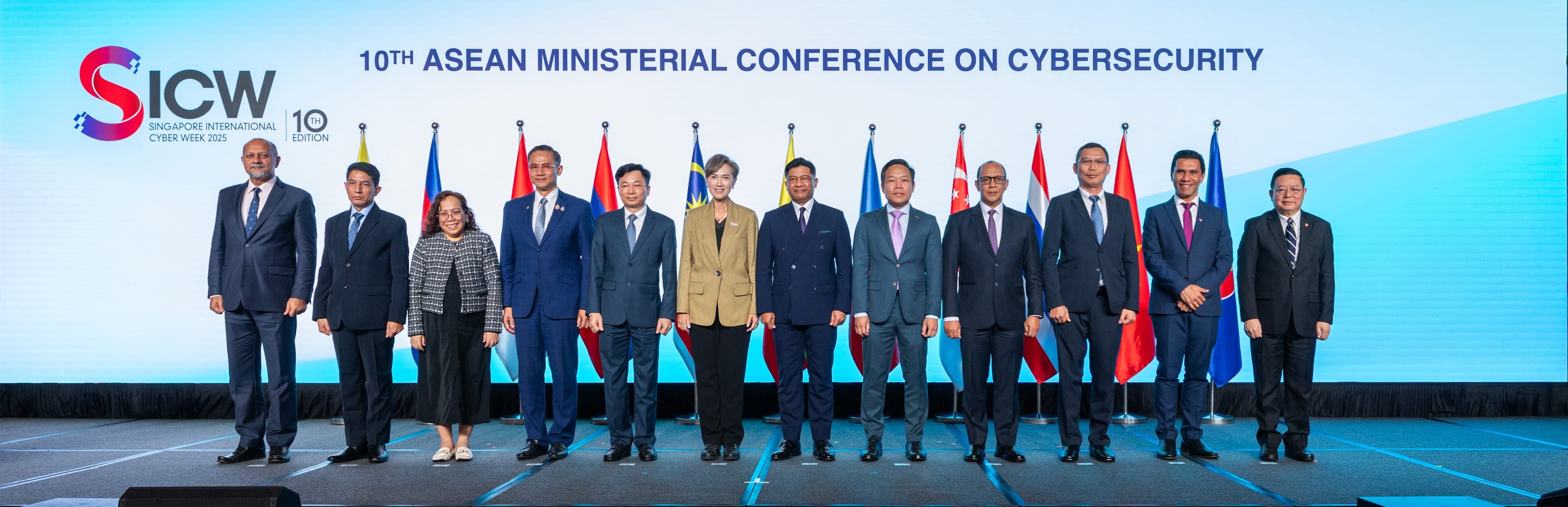 Group of officials posing at the 10th ASEAN Ministerial Conference on Cybersecurity at SICW 2025.