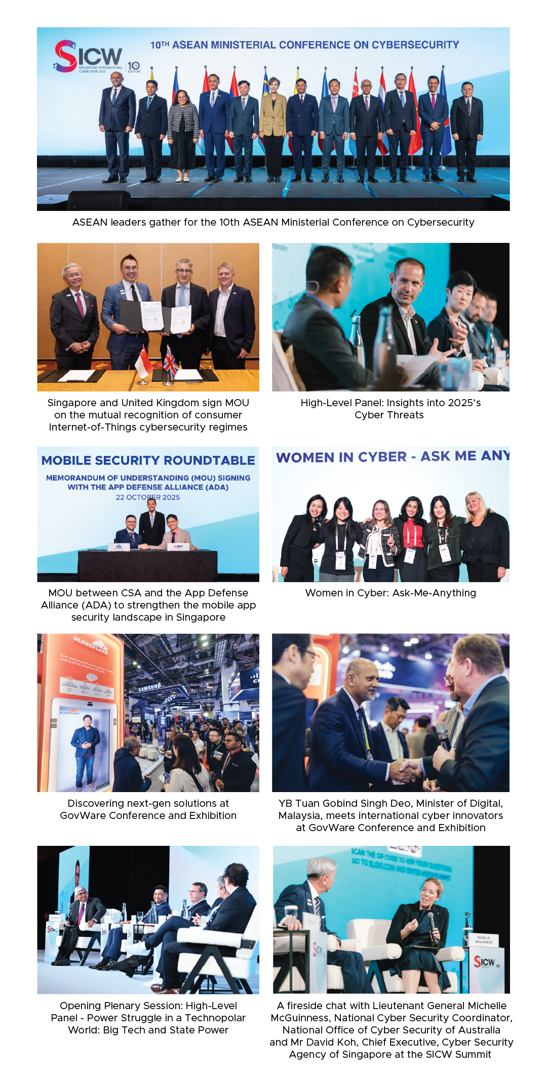 A collage of photos from the SICW 10th ASEAN Ministerial Conference on Cybersecurity events and panels.