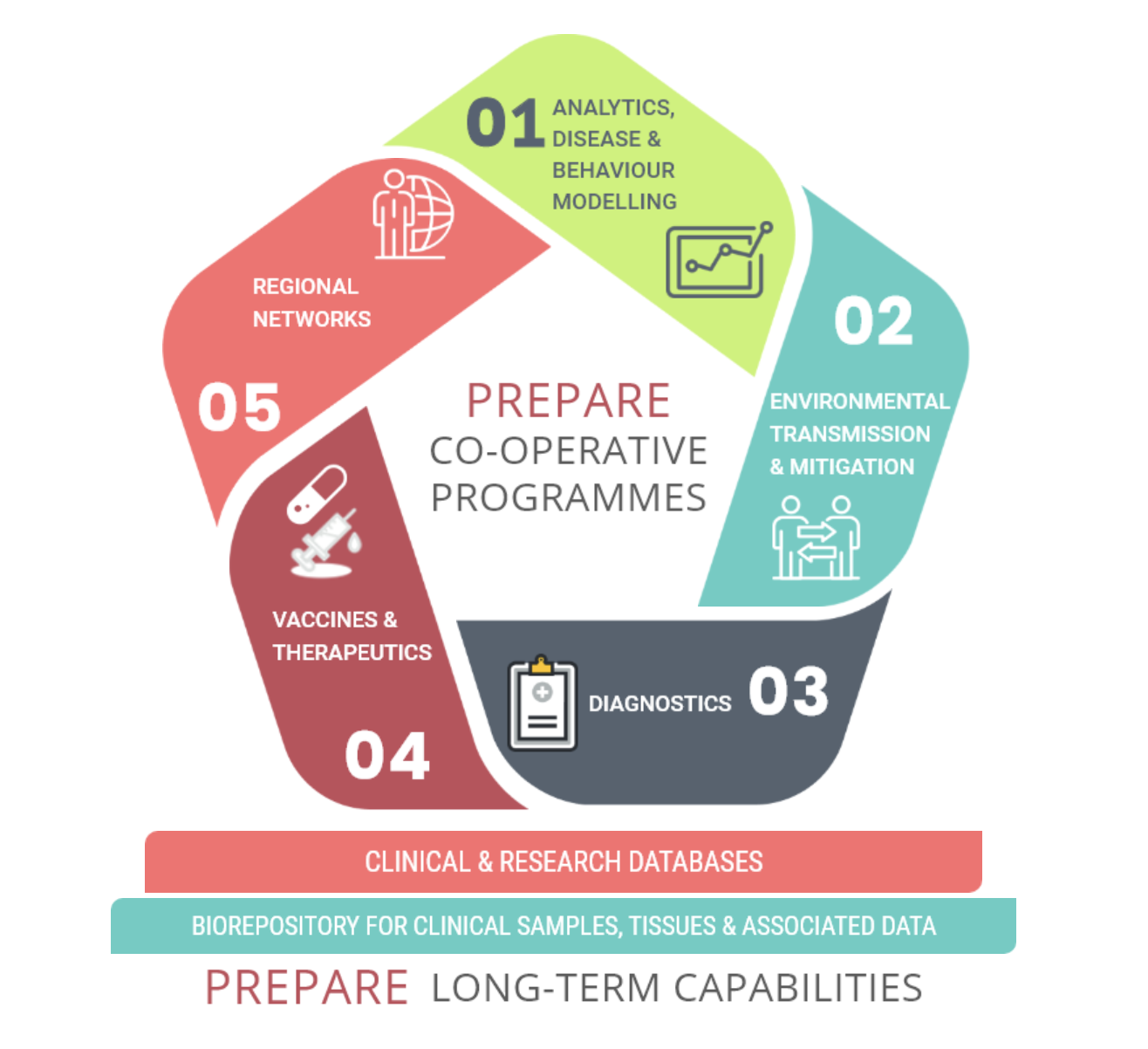A pentagon listing out the 5 co-operative and core programmes