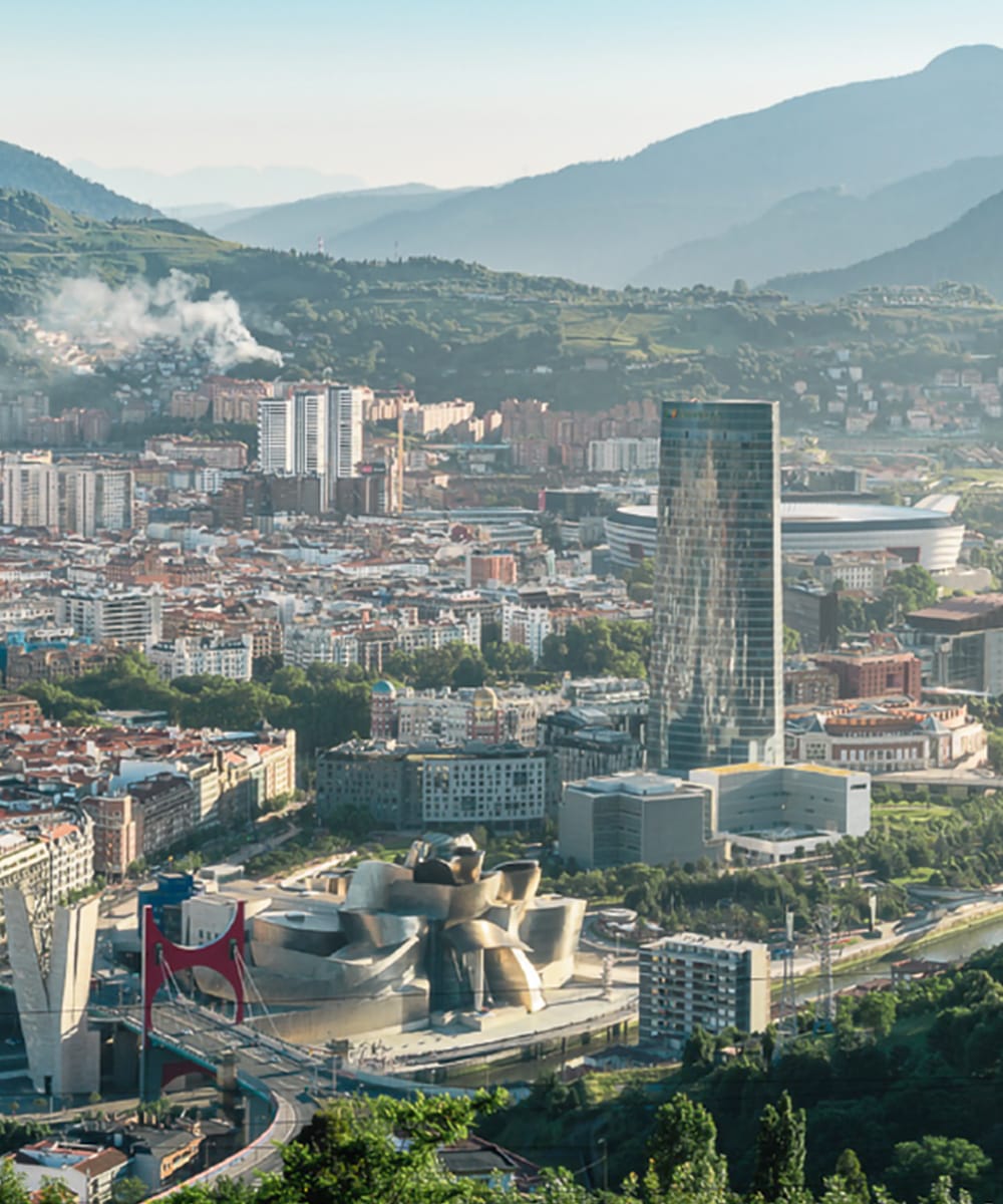 Panoramic view of the city of Bilbao, Spain, taken from the viewpoint on Mount Artxanda. 