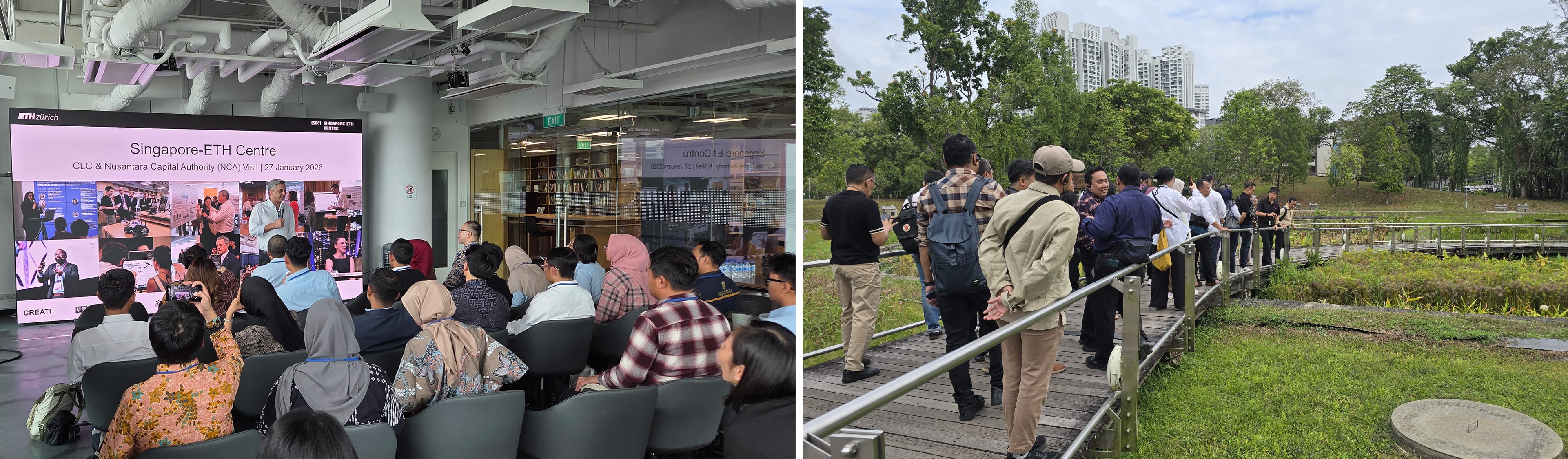 (Left) The Nusantara delegation at the Singapore-ETH Centre’s Future Cities Lab; (right) the Jakarta delegation at the Bishan Ang Mo Kio Park.