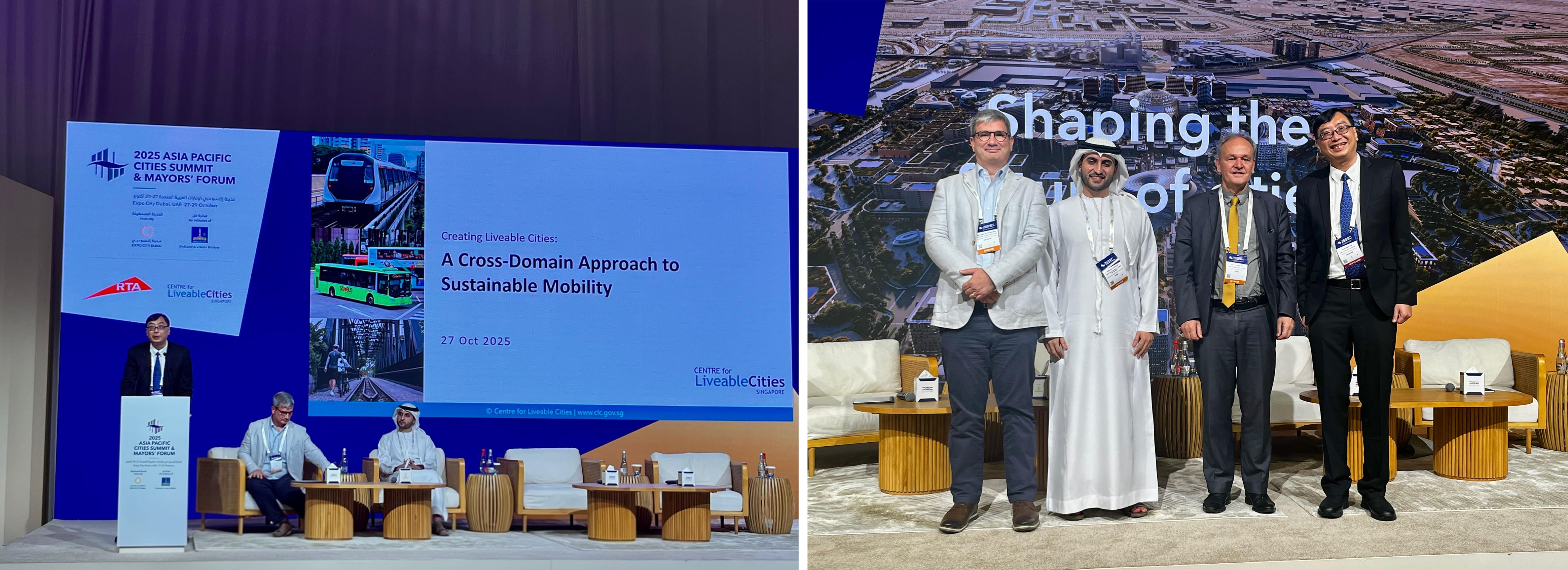 CLC Deputy Director, Research, Mr Tan Chee Seng presenting at APCS 2025 (left) and group photo with the other panellists (right)