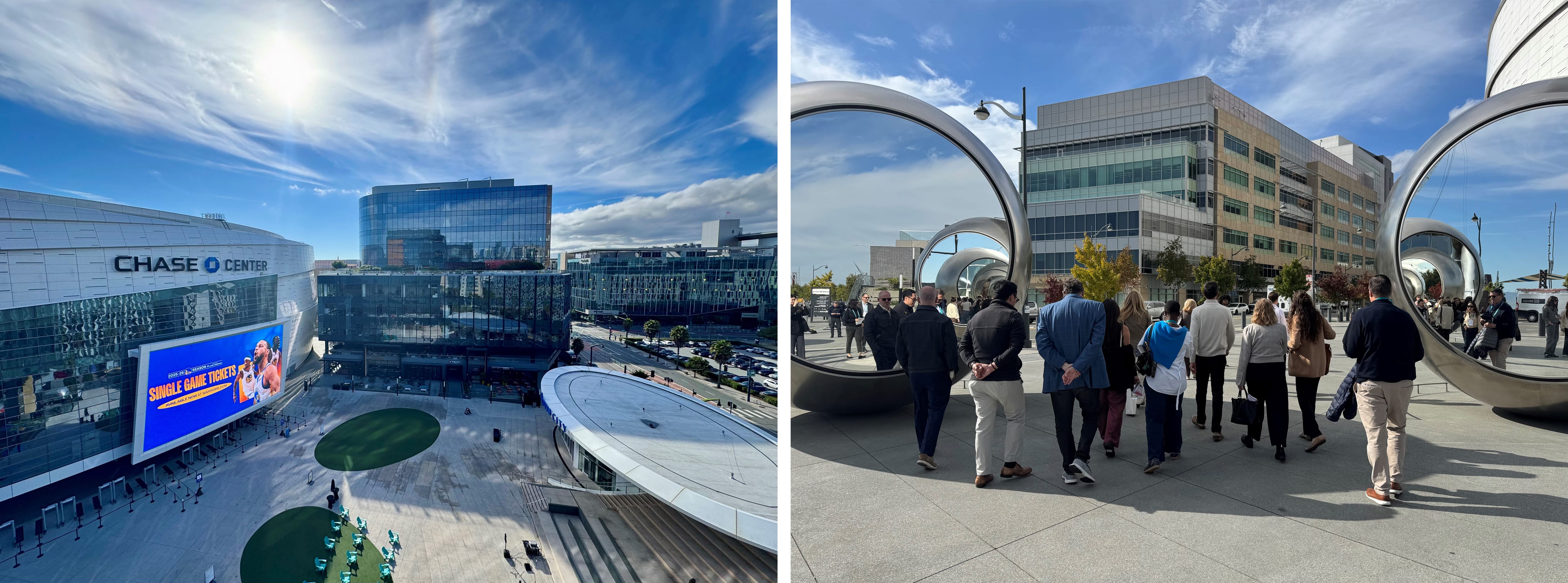 Thrive City (left) and its public art installations (right).