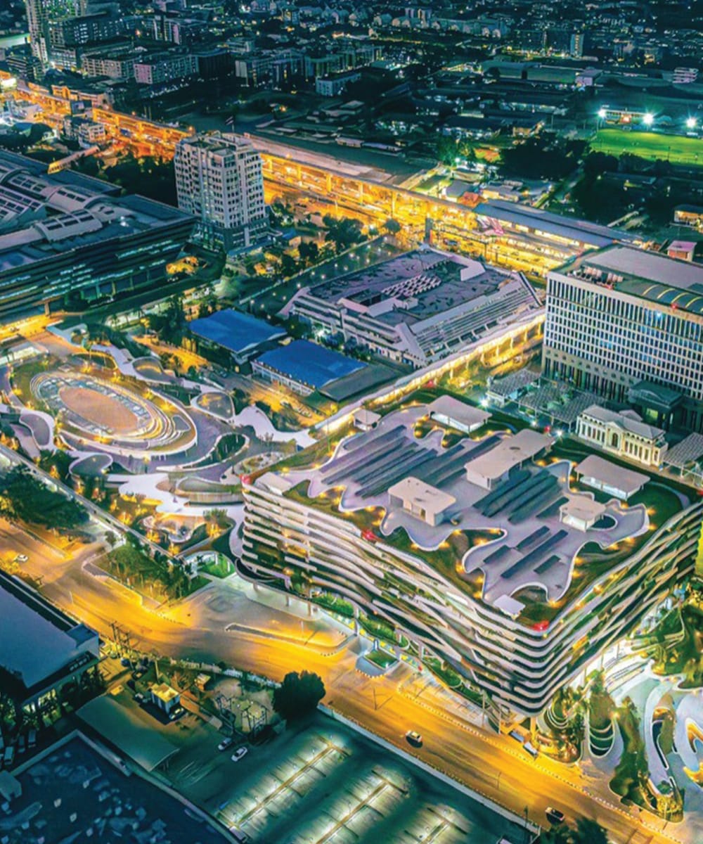 Aerial shot of the Thailand Government Complex at dusk.