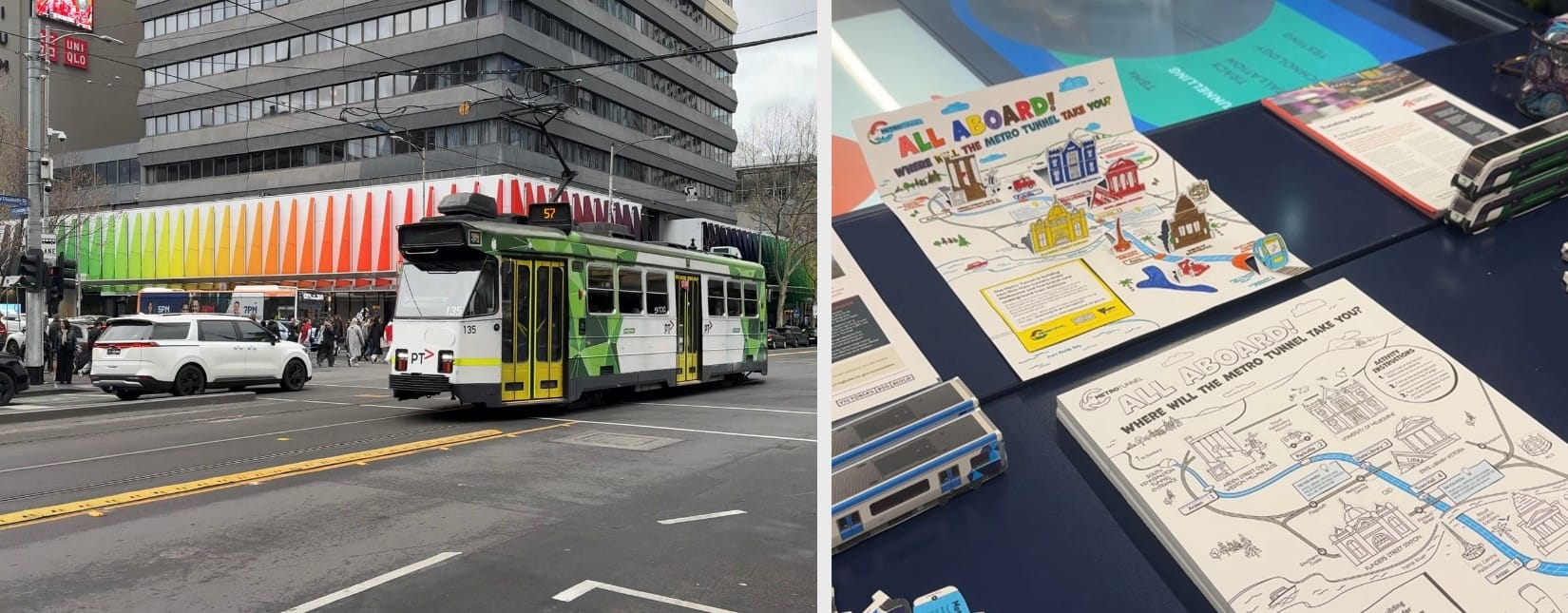 Tram in the Melbourne CBD (left) and kid-friendly materials at the Metro Tunnel HQ (right)