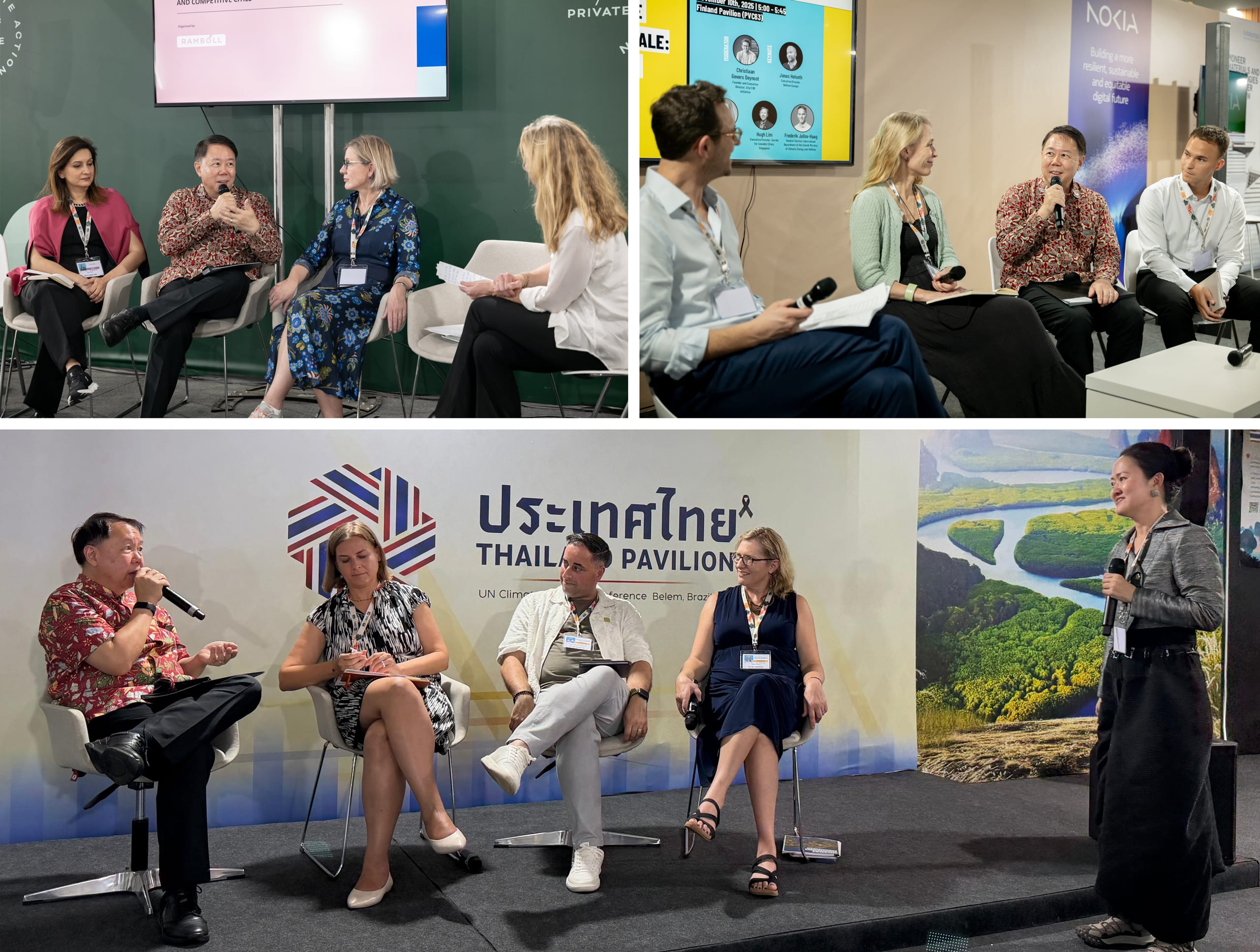 Hugh speaking at the country Pavilions of (clockwise from top) Denmark, Finland and Thailand.