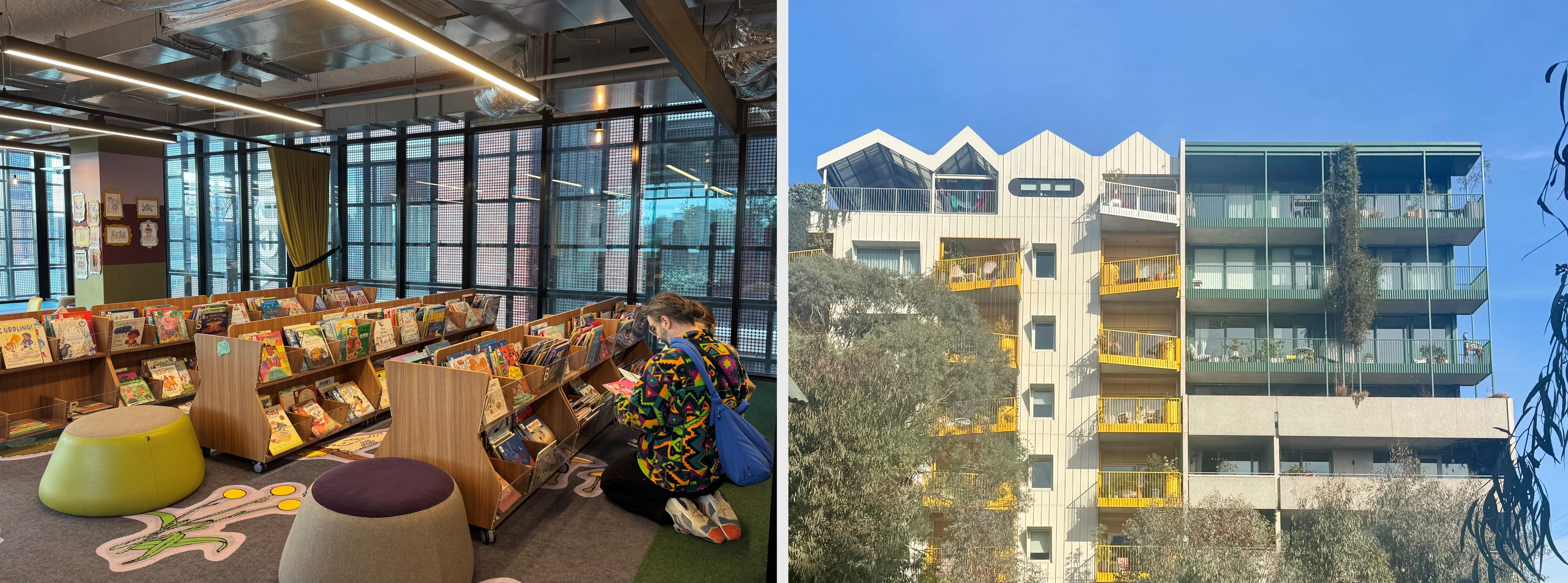 narrm ngarrgu library at the Queen Victoria Market Precinct (left) and Nightingale Village (right)