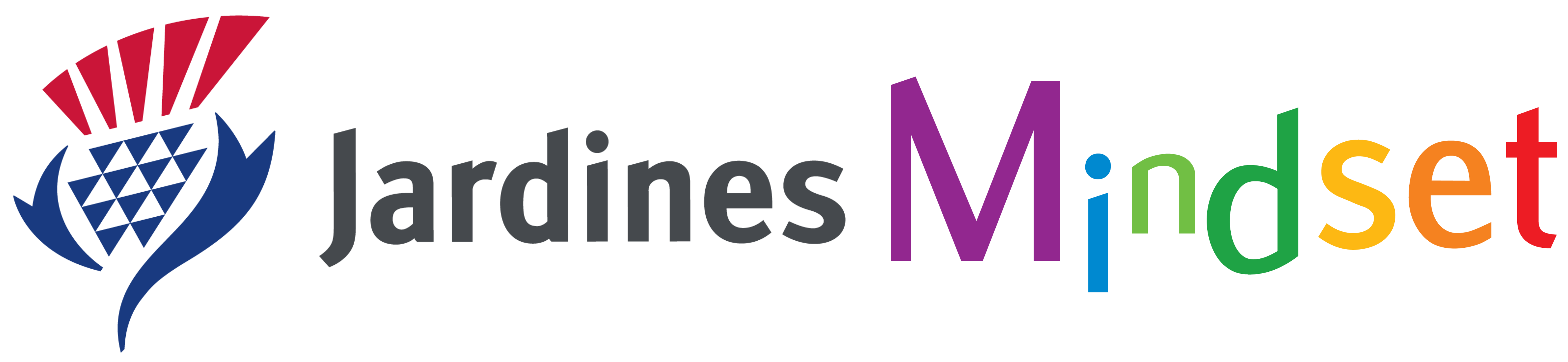Jardines Mindset text with a blue and red thistle, where Mindset letters are in multiple bright colors.