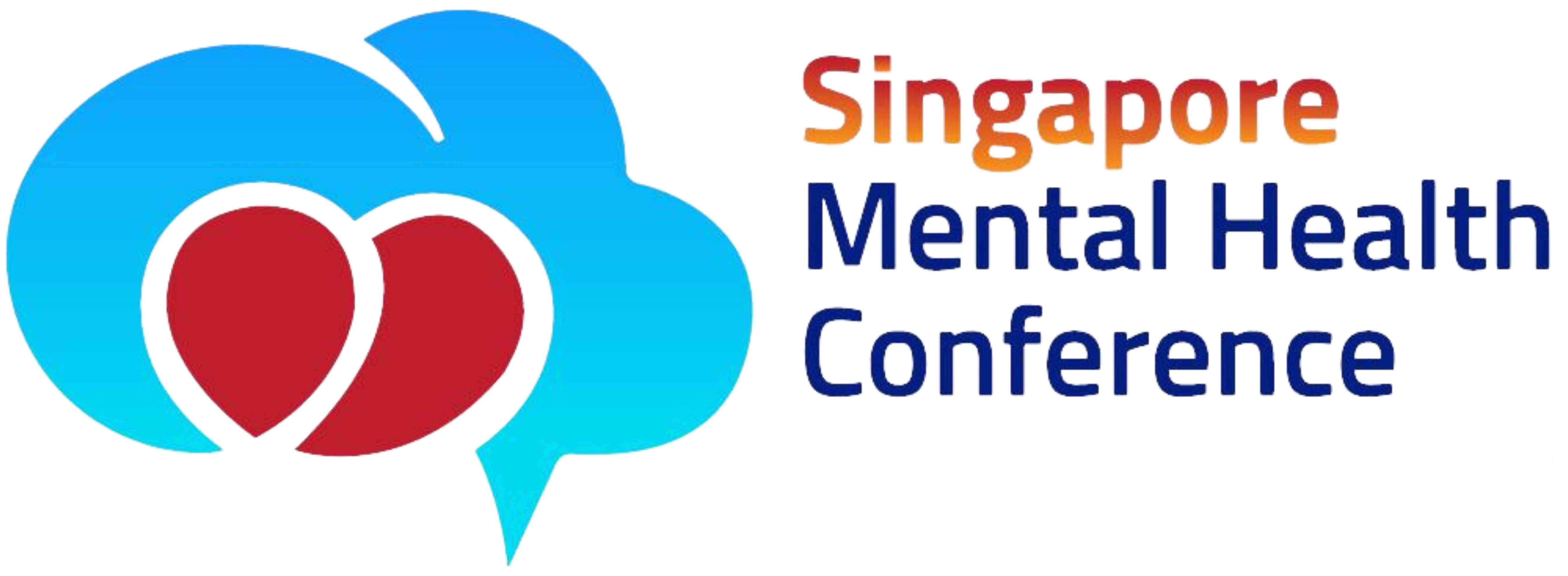 Blue brain-speech bubble icon with two red hearts, beside text reading Singapore Mental Health Conference.