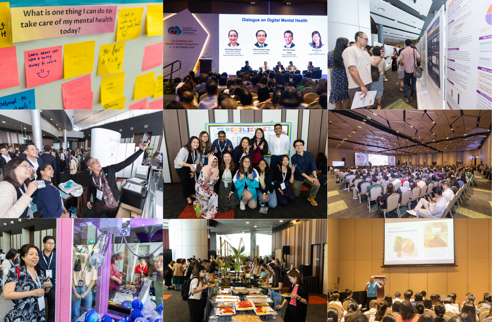 Collage of nine photos from the Singapore Mental Health Conference showing attendees, panel discussions, and sticky note boards.