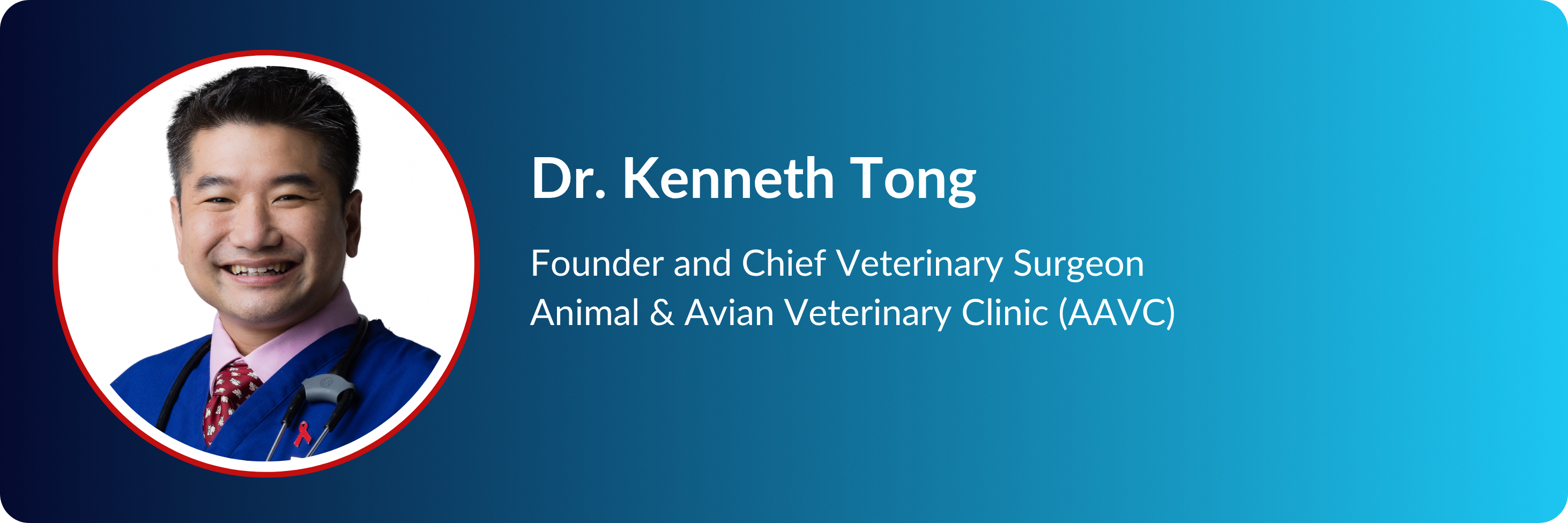 Dr. Kenneth Tong, Founder and Chief Veterinary Surgeon at AAVC, smiling in a blue scrub with a stethoscope.