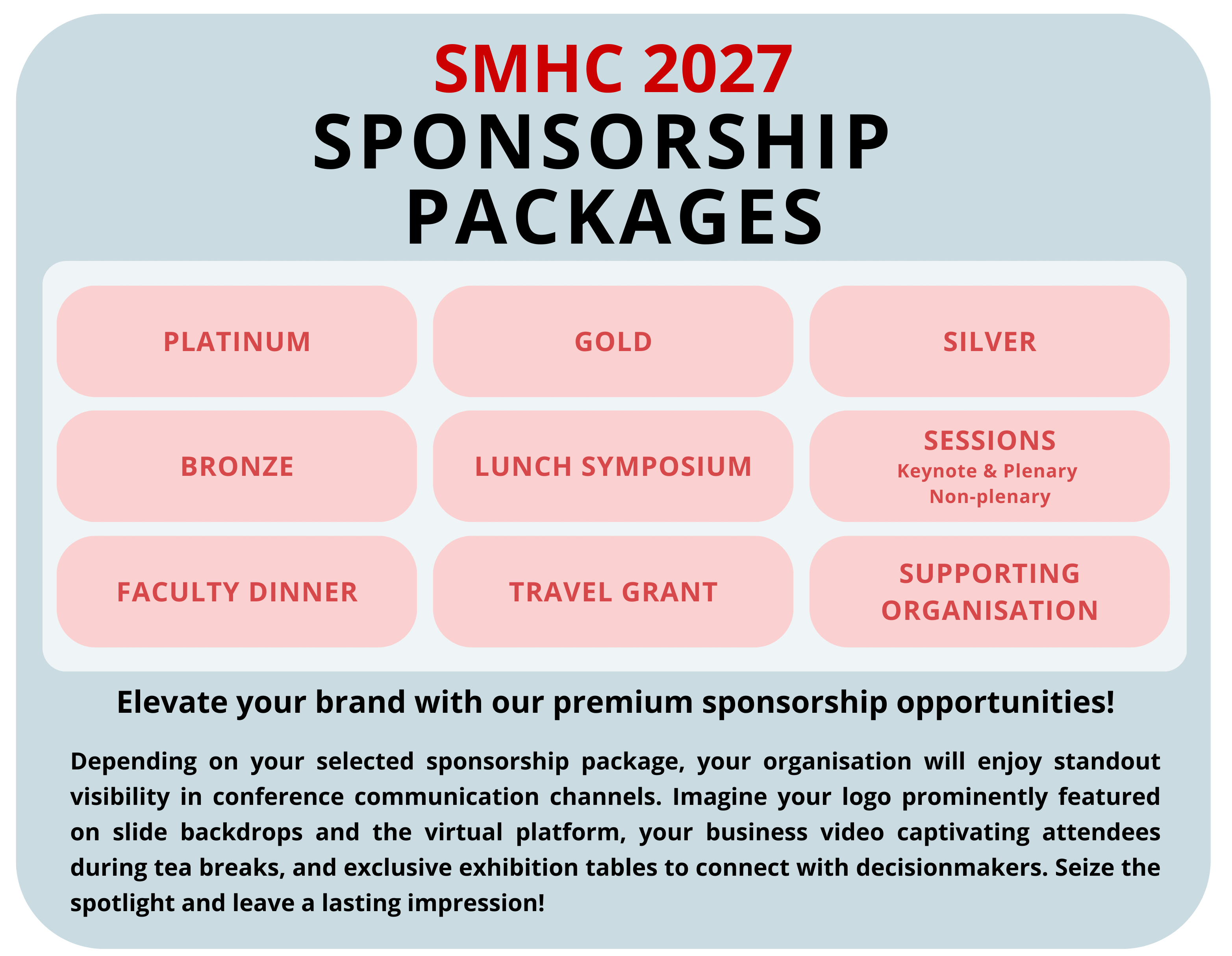 SMHC 2027 Sponsorship Packages flyer listing nine tiers including Platinum, Gold, Silver, Bronze, and more.