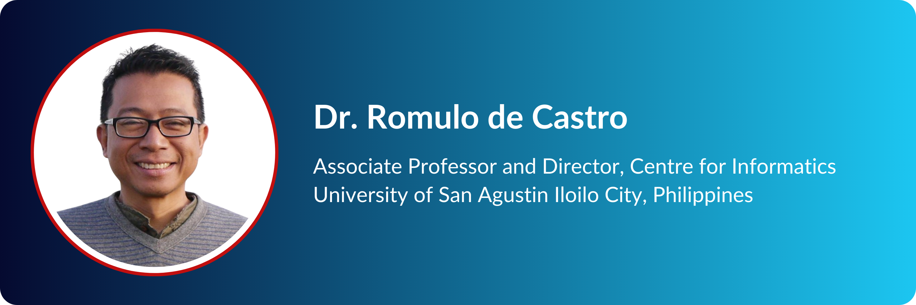 Profile card of Dr. Romulo de Castro, smiling man with glasses, Associate Professor at University of San Agustin, Philippines.