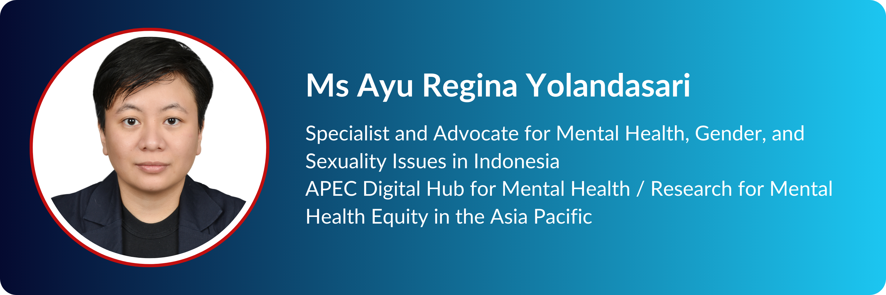 Profile card of Ms Ayu Regina Yolandasari, mental health specialist, with her headshot on a blue background.