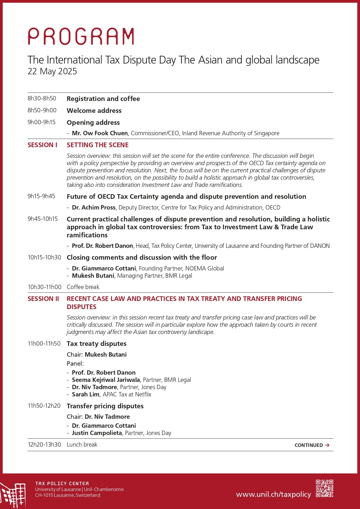Program schedule for International Tax Dispute Day on 22 May 2025, listing sessions, times, and speakers.