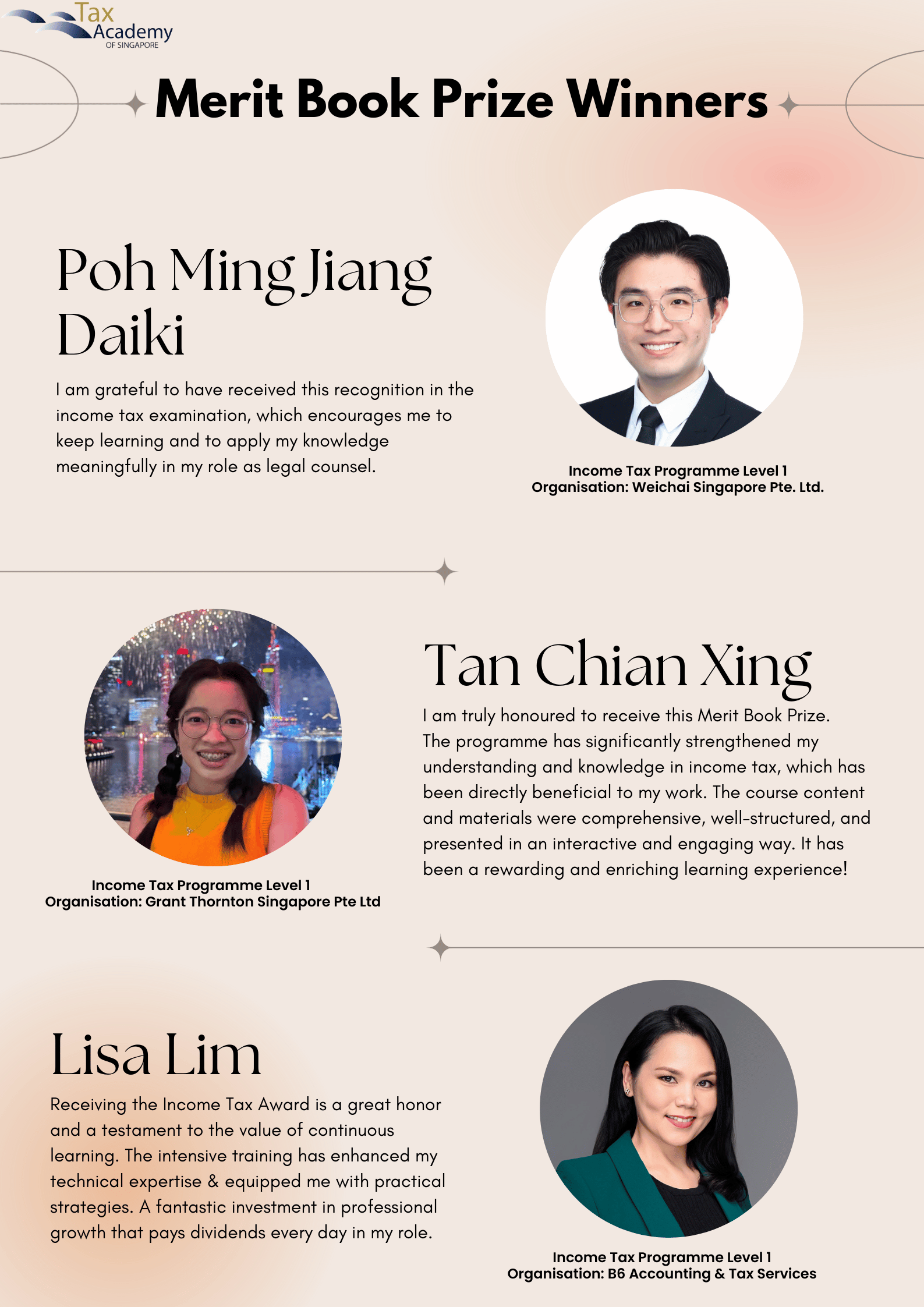 Tax Academy of Singapore Merit Book Prize Winners flyer featuring photos and quotes from three winners.