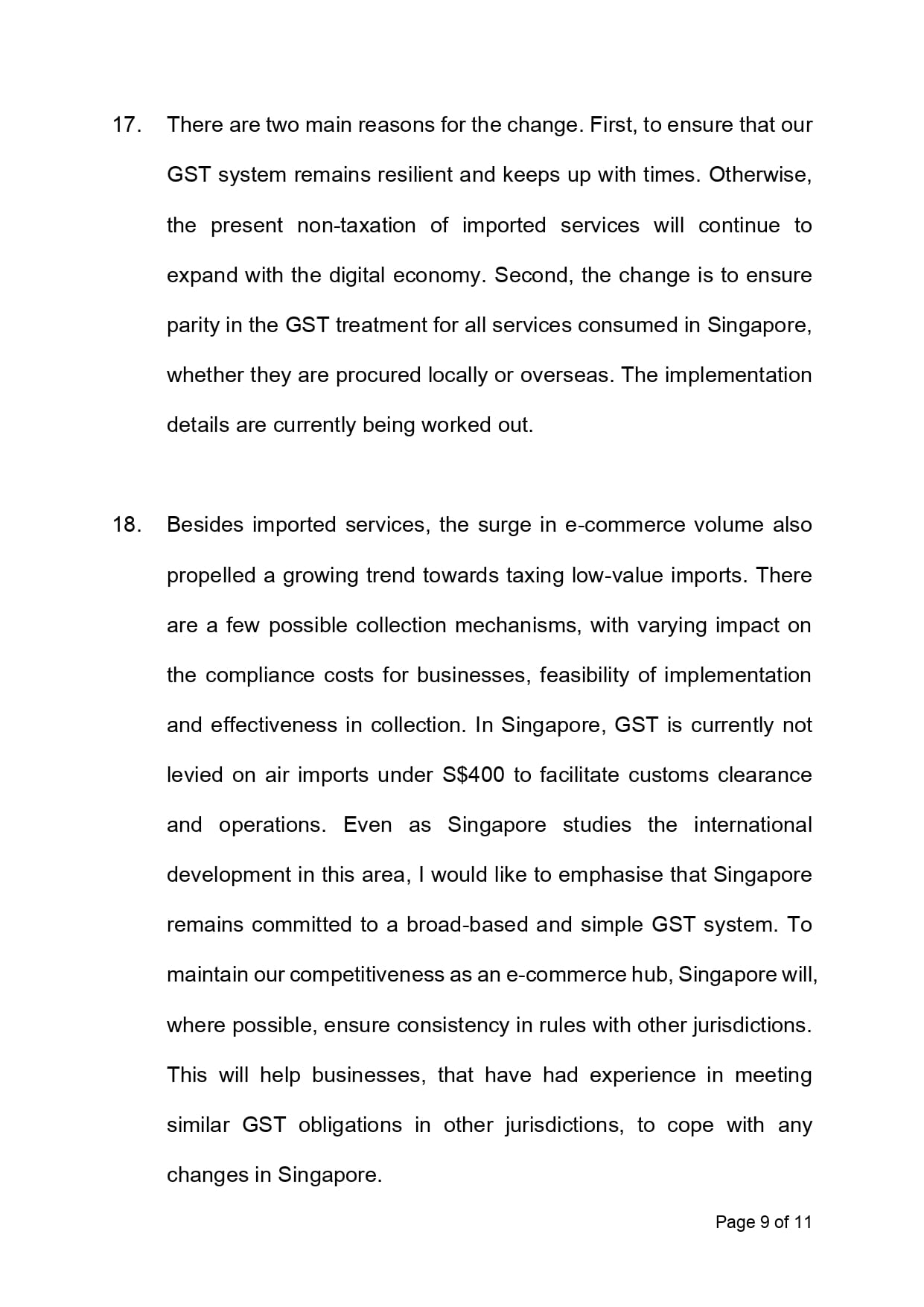 Page 9 of 11 of a document with two numbered paragraphs discussing Singapore GST changes for imported services and e-commerce.