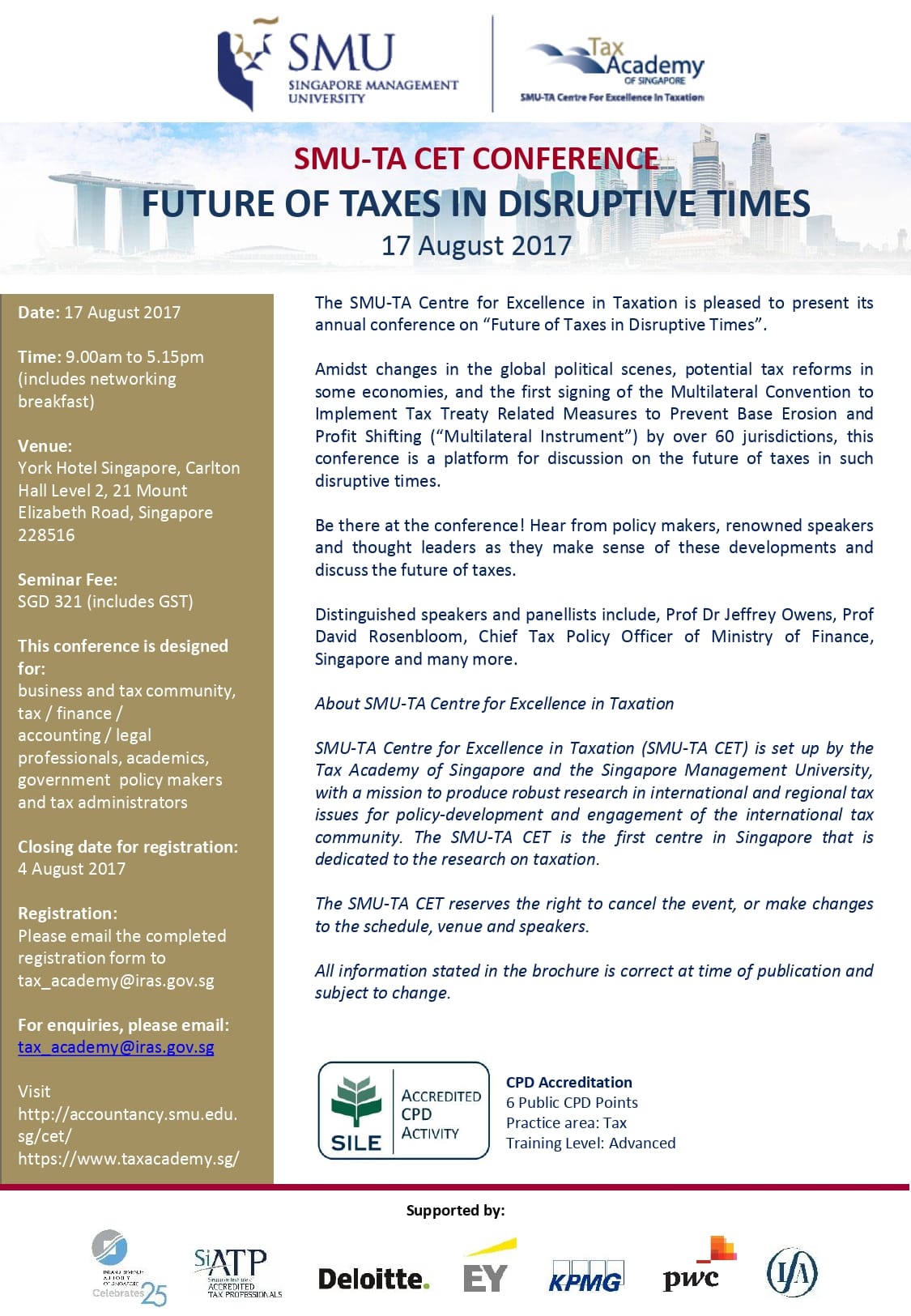 Flyer for SMU-TA CET Conference on Future of Taxes in Disruptive Times, dated 17 August 2017.