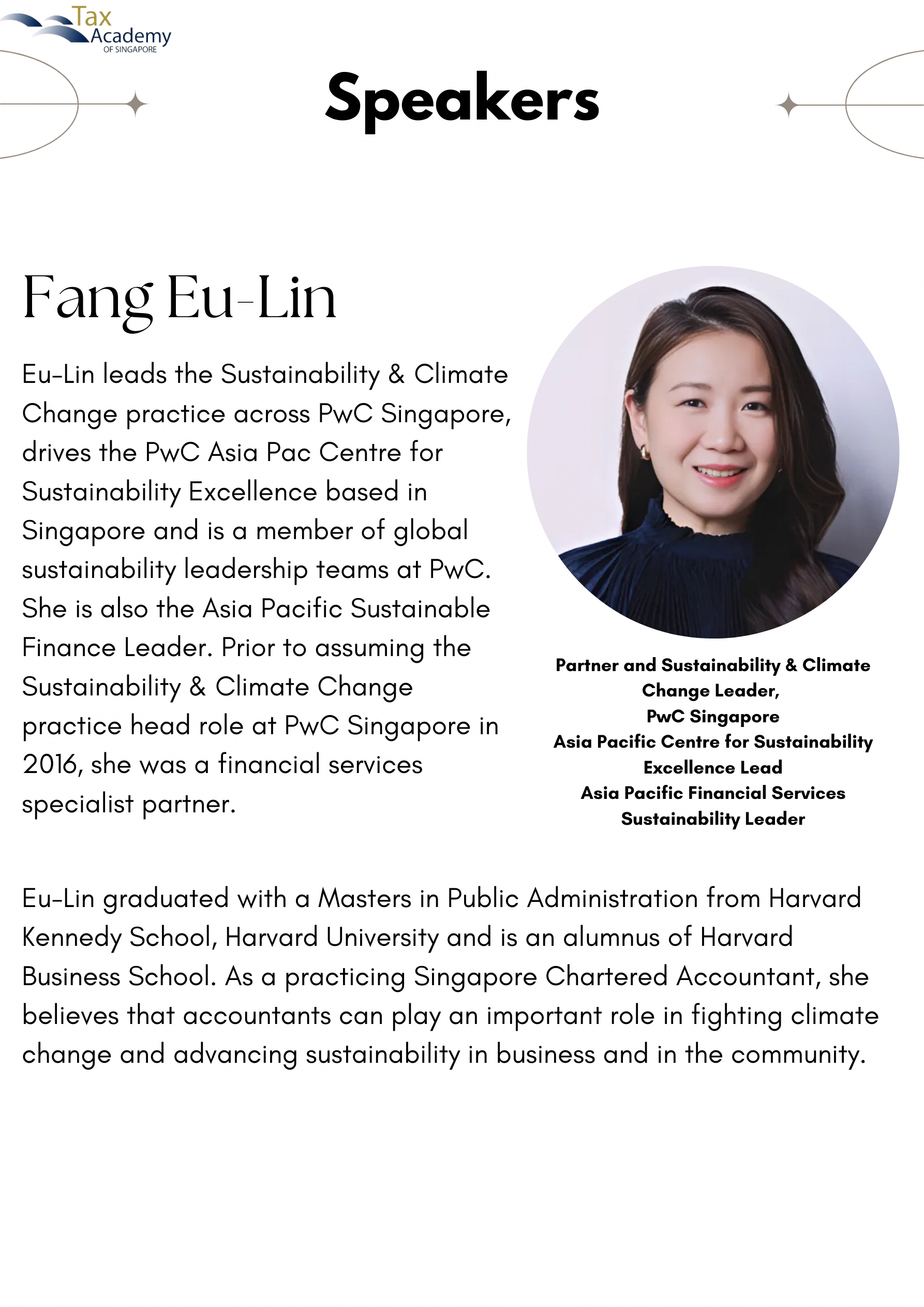 Speaker profile for Fang Eu-Lin, PwC Singapore partner, with her photo and biography on a white background.