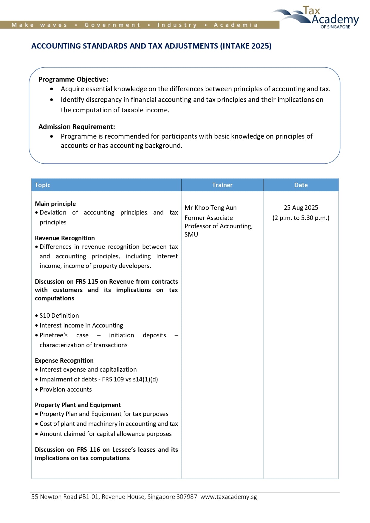 Tax Academy of Singapore flyer for Accounting Standards and Tax Adjustments programme, Intake 2025, scheduled 25 Aug 2025.