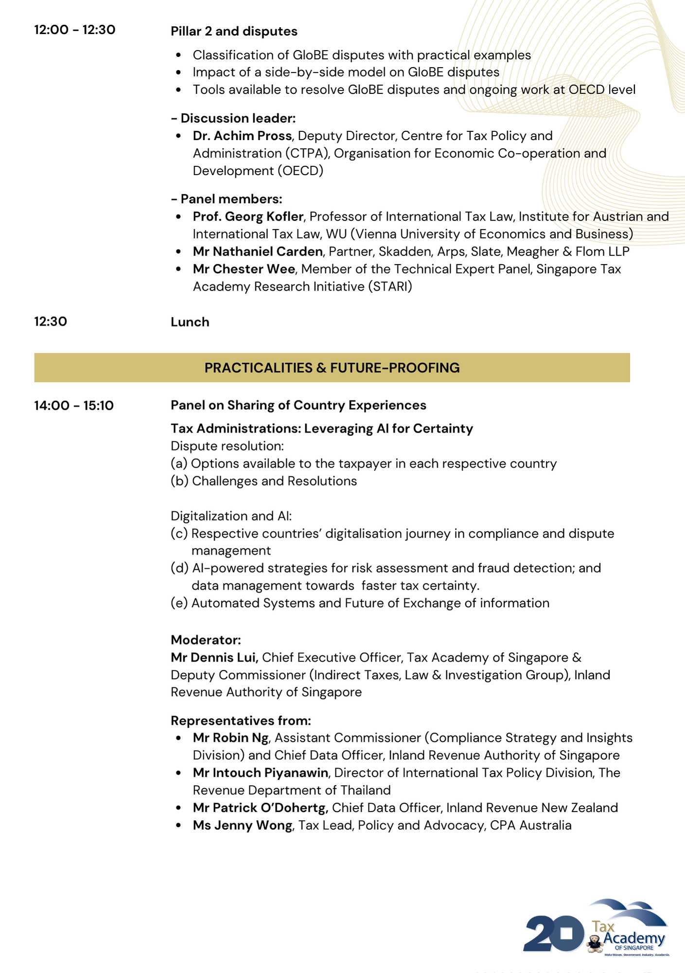Conference agenda listing sessions on GloBE disputes, tax administration, and AI from 12:00 to 15:10 with speaker details.