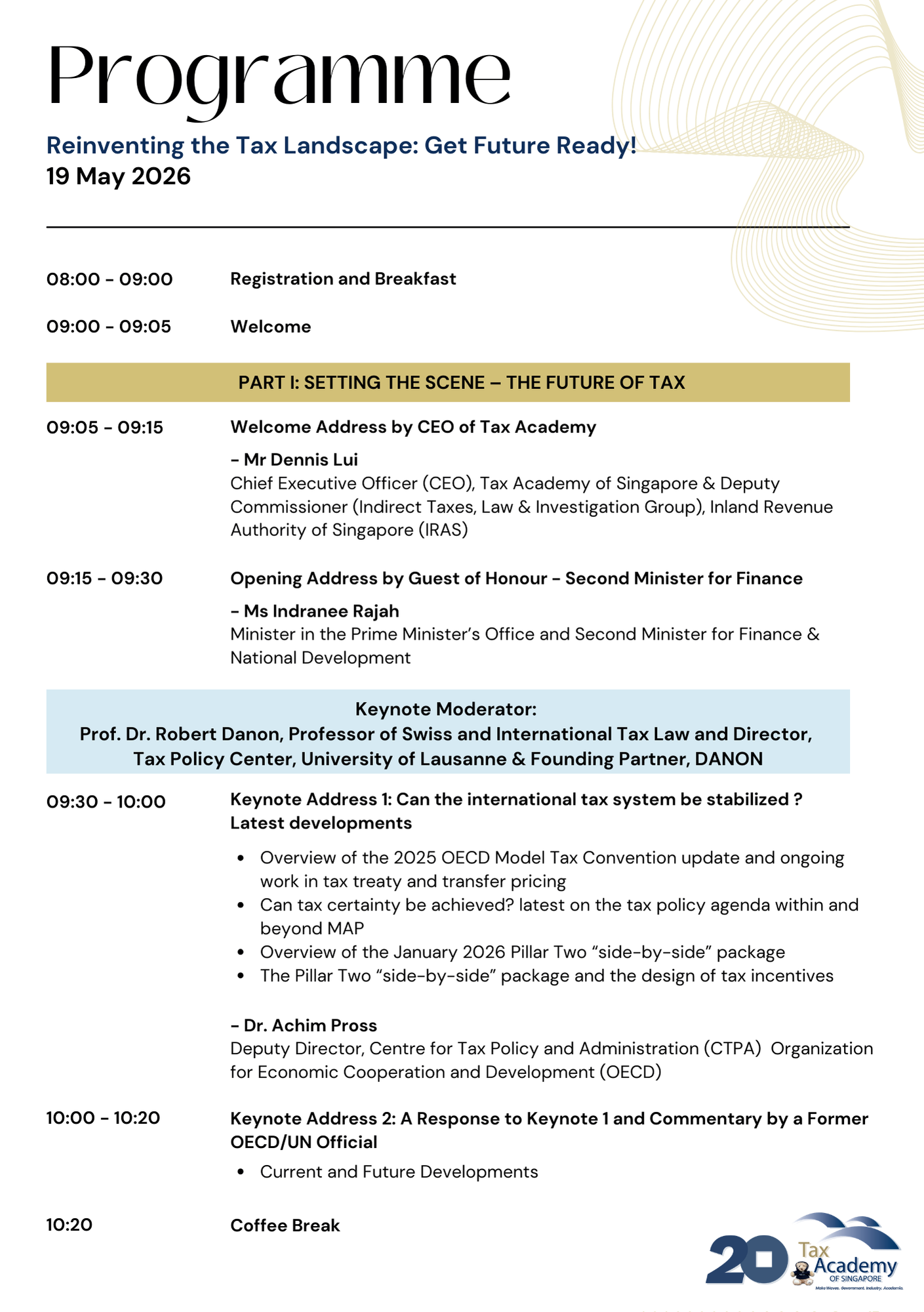 Programme schedule for a Tax Academy event on 19 May 2026 listing sessions, speakers, and times.