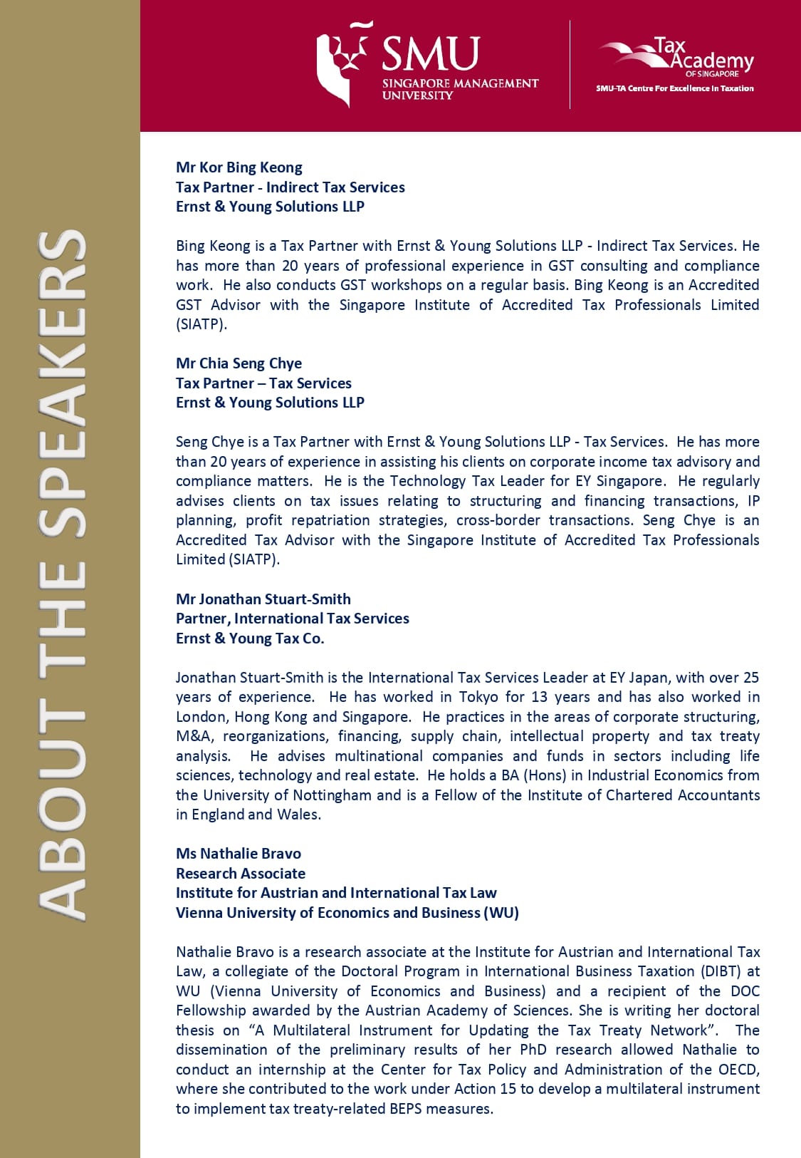 Document titled About The Speakers listing bios of tax professionals from Ernst and Young and Vienna University.