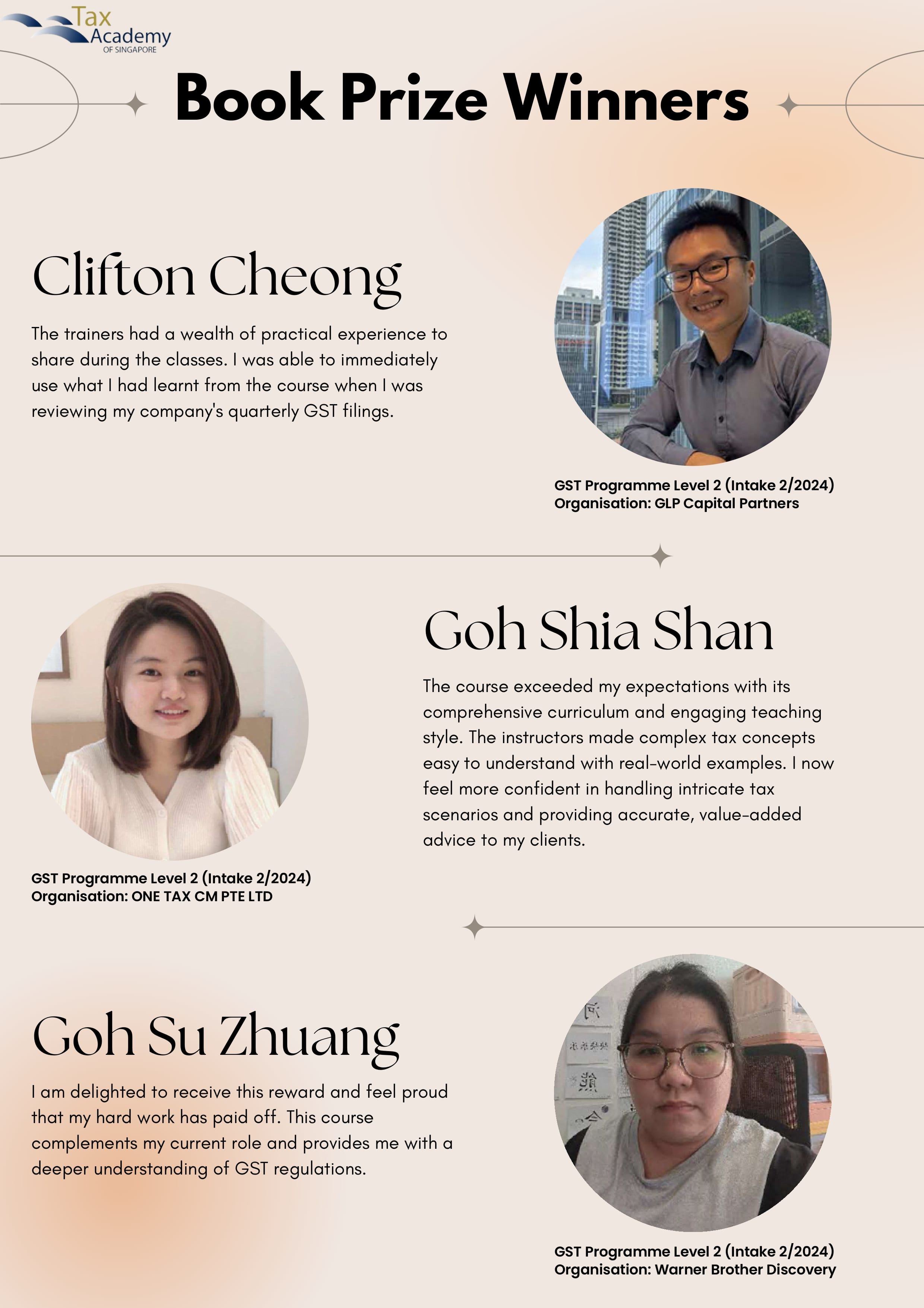 Tax Academy of Singapore Book Prize Winners flyer featuring photos and quotes from Clifton Cheong, Goh Shia Shan, and Goh Su Zhuang.