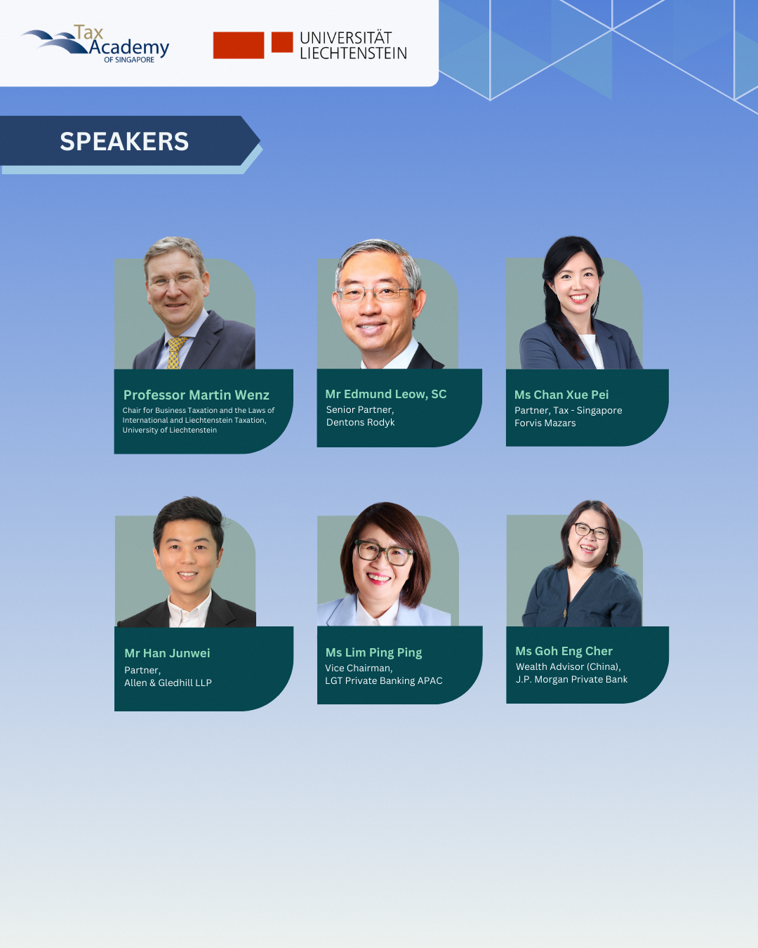 Speakers panel featuring six professionals from Tax Academy of Singapore and Universitรคt Liechtenstein event.