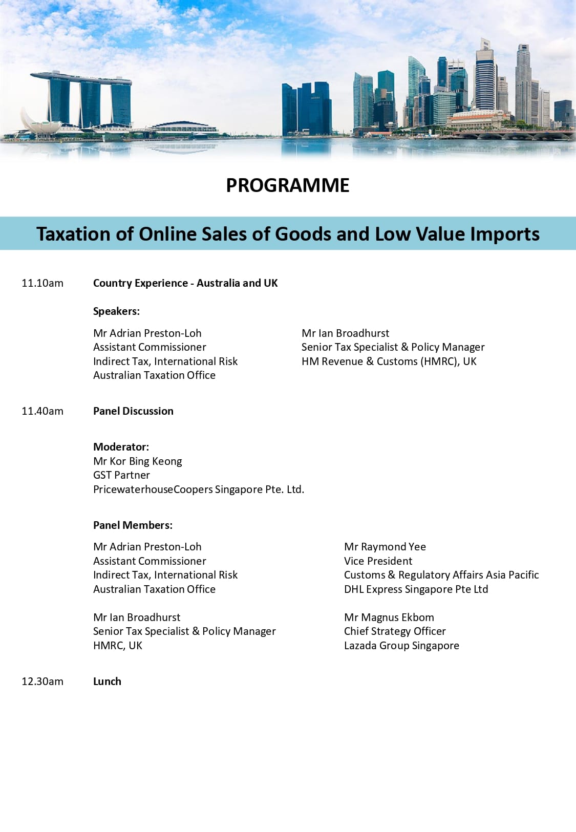 Programme document on Taxation of Online Sales with Singapore skyline header, listing speakers and panel members.