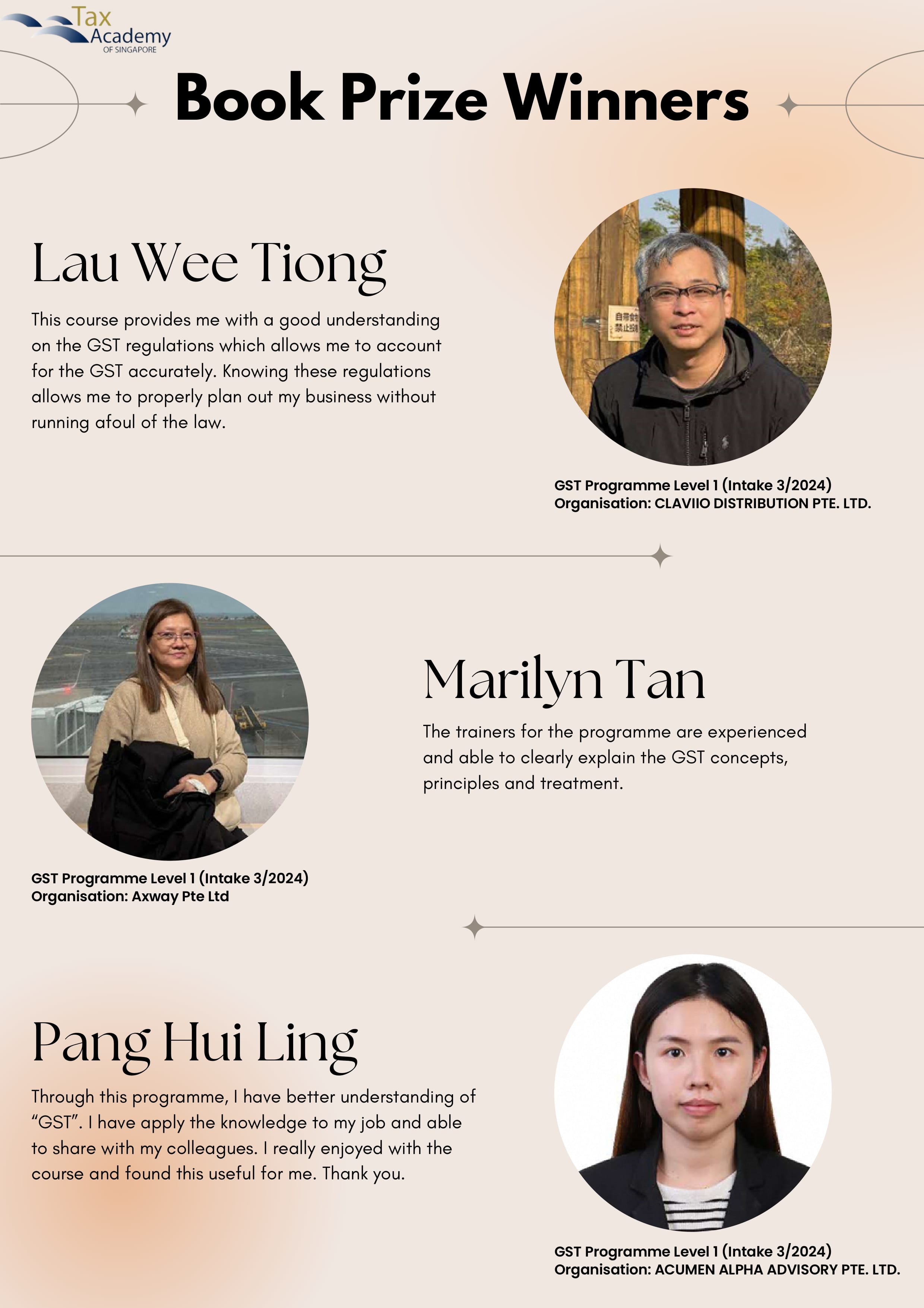 Tax Academy of Singapore Book Prize Winners poster featuring photos and quotes from Lau Wee Tiong, Marilyn Tan, and Pang Hui Ling.