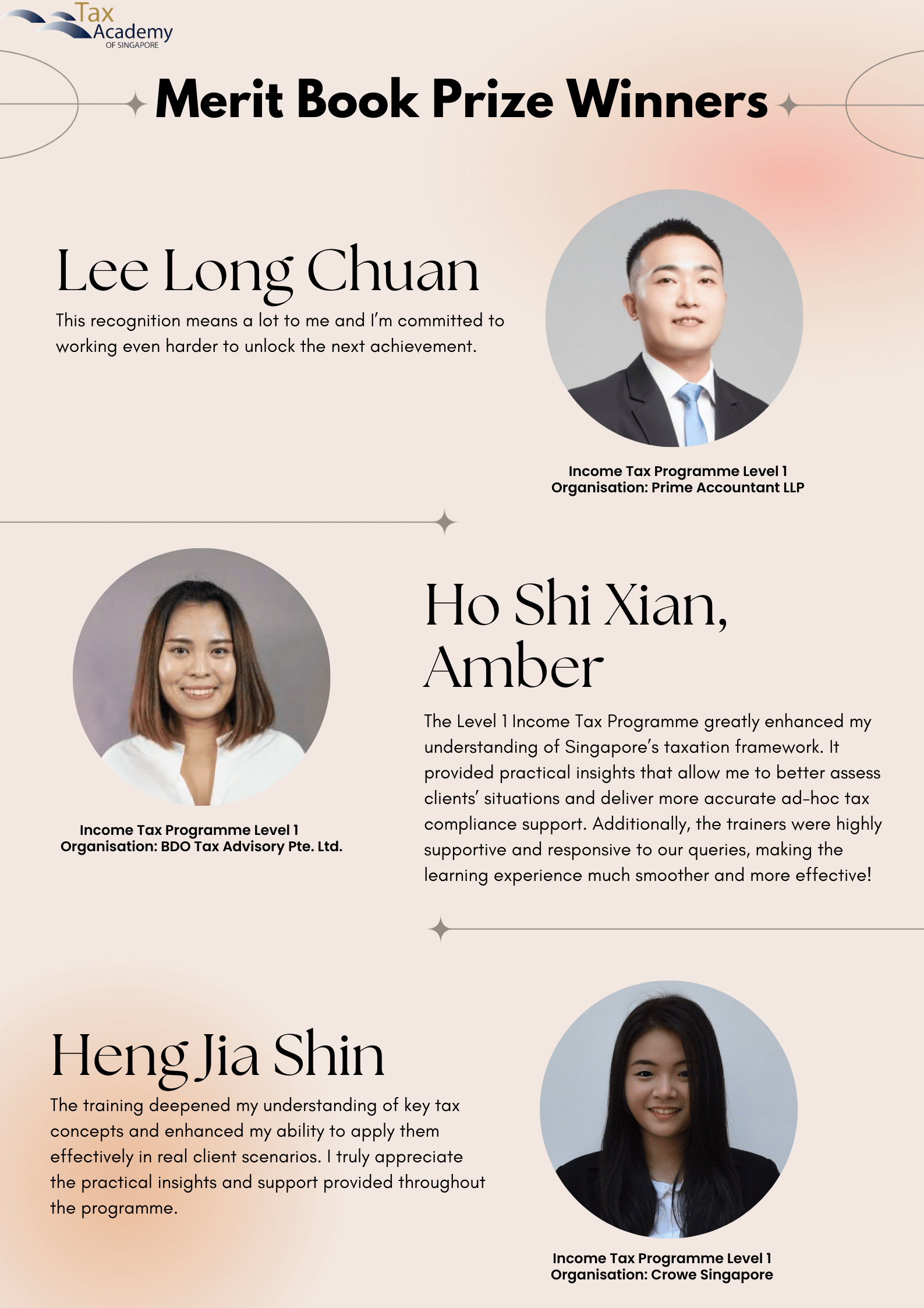 Tax Academy of Singapore Merit Book Prize Winners flyer featuring photos and quotes from three winners.