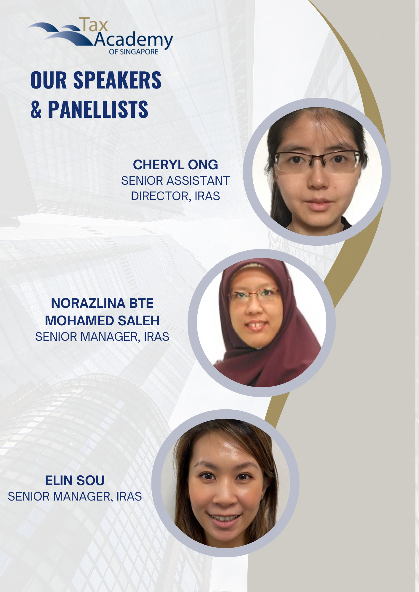 Tax Academy of Singapore speakers flyer showing headshots of Cheryl Ong, Norazlina Bte Mohamed Saleh, and Elin Sou.
