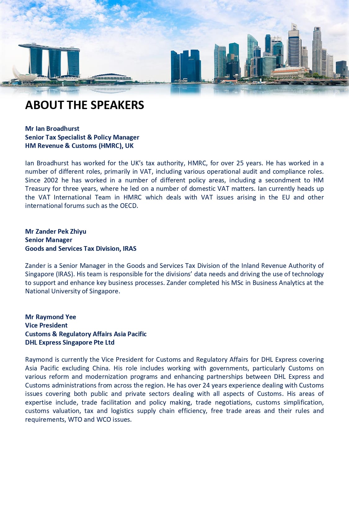 Document titled About The Speakers with bios of three professionals, topped by a Singapore skyline photo.