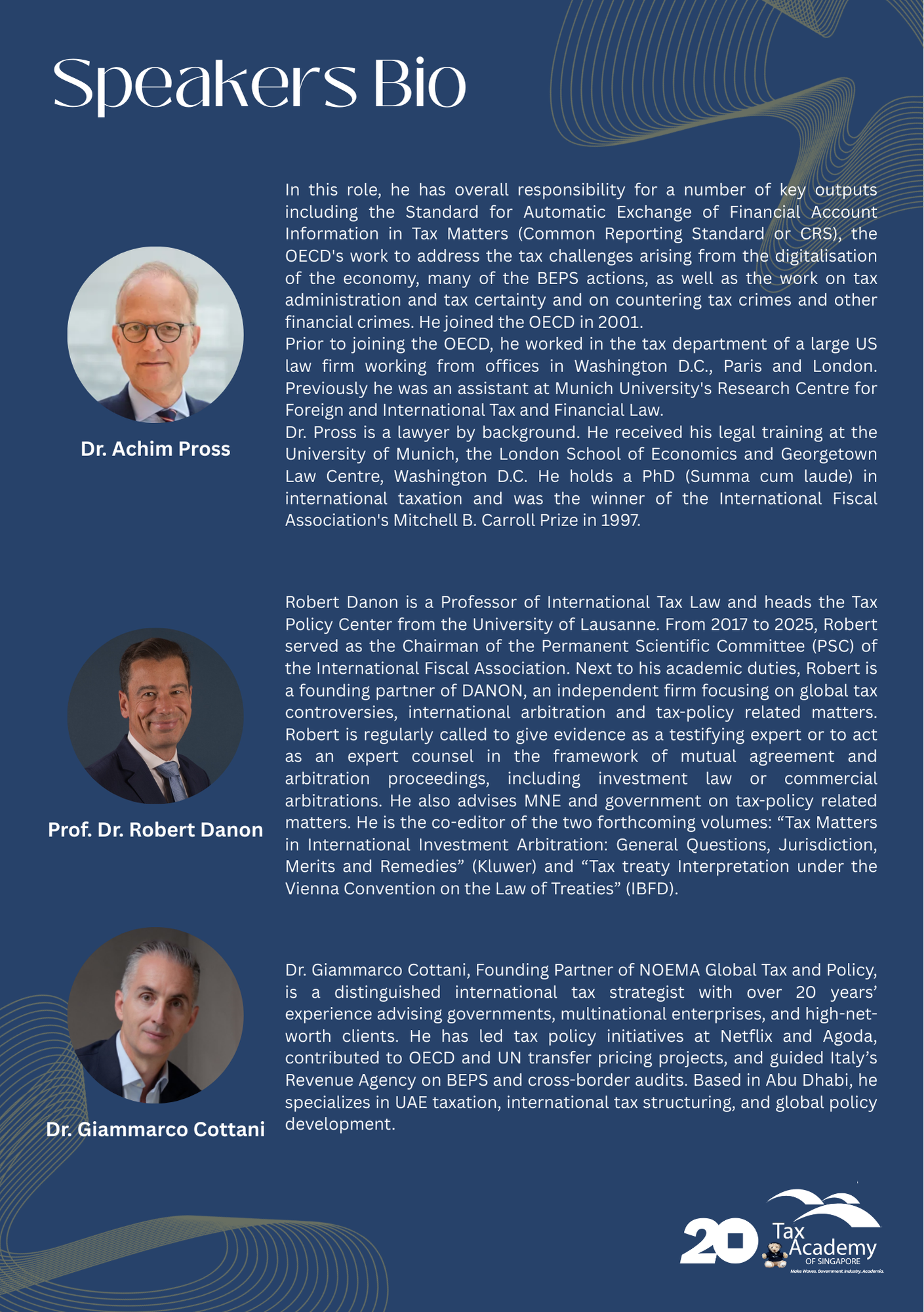 Speakers Bio page featuring photos and bios of Dr. Achim Pross, Prof. Dr. Robert Danon, and Dr. Giammarco Cottani.